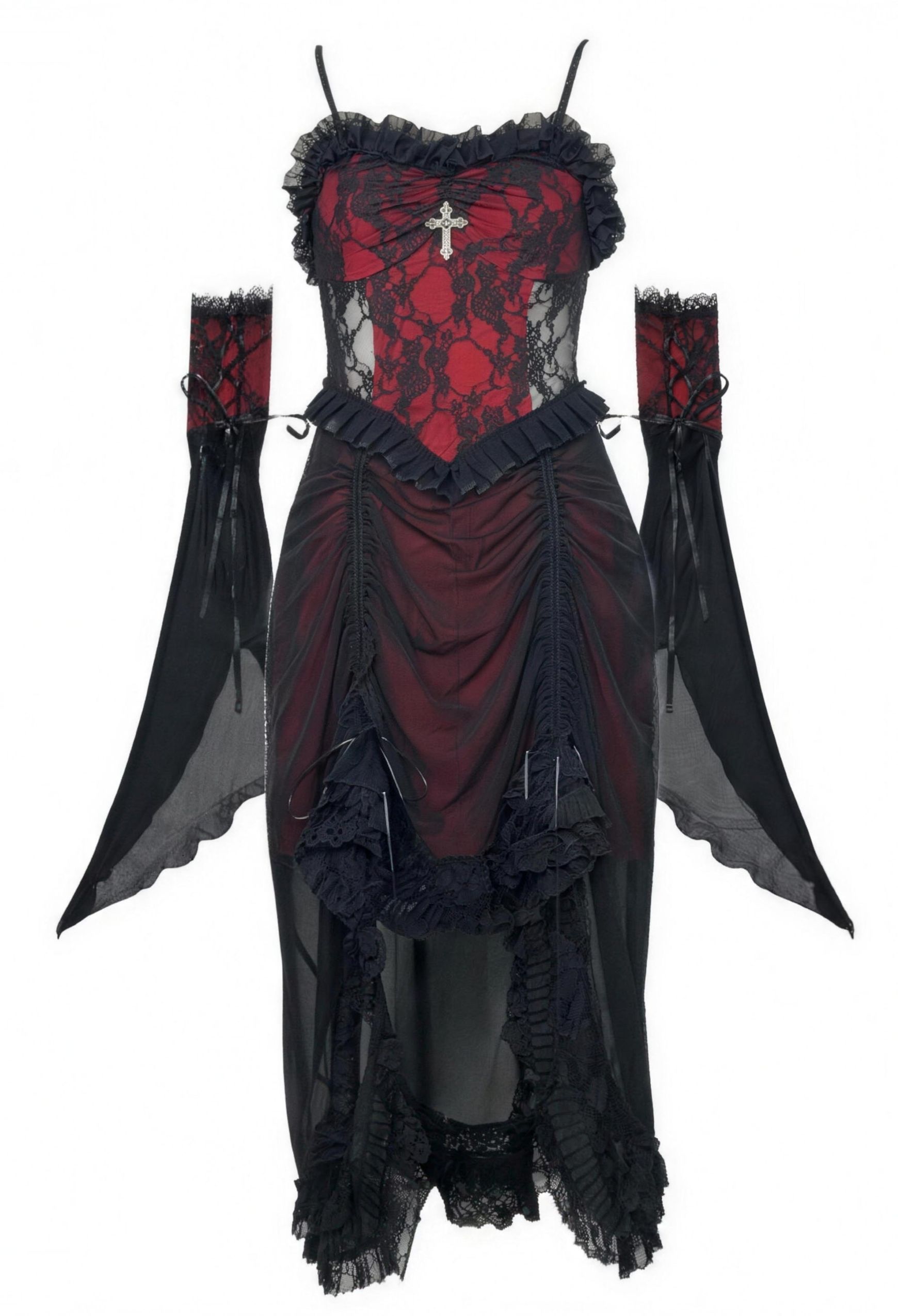 Gothic black and red drawstring gothic dark lace camisole dress