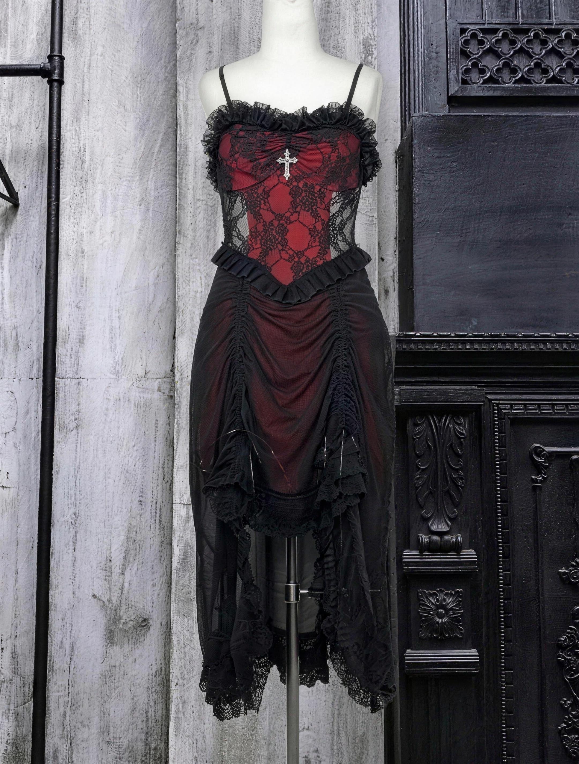 Gothic black and red drawstring gothic dark lace camisole dress