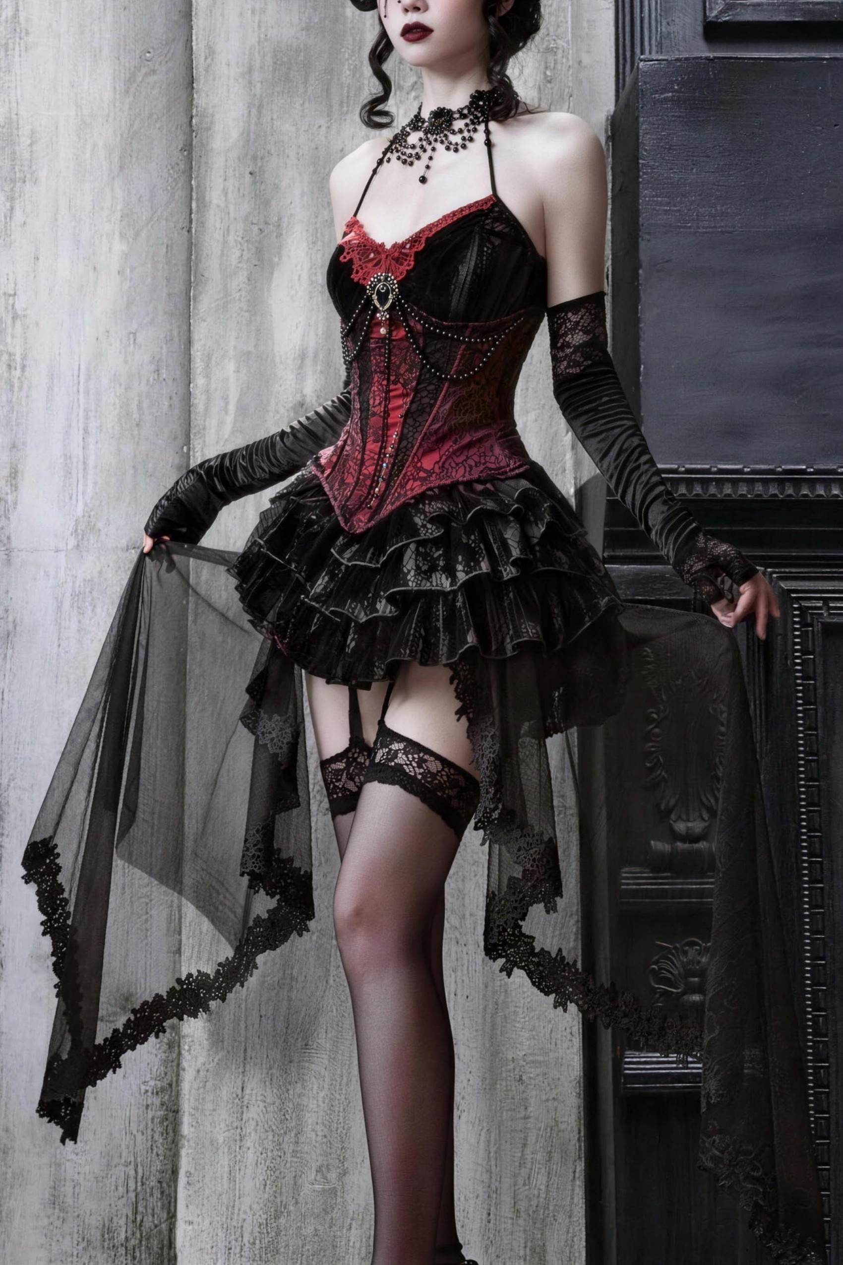 Gothic Rococo Velvet Herringbone Corset Slip Dress