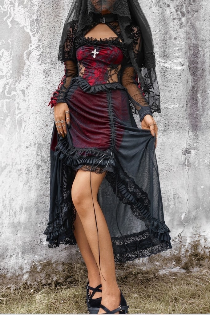 Gothic black and red drawstring gothic dark lace camisole dress
