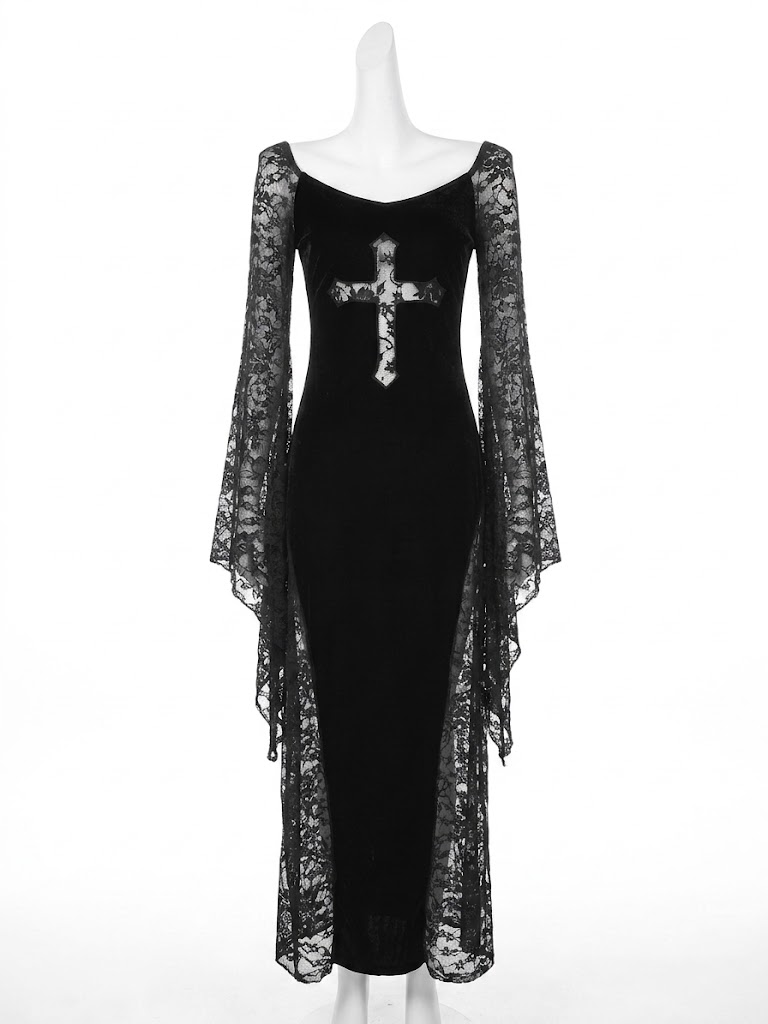Velvet lace spliced long dress with subculture cross cut-out bodycon dress