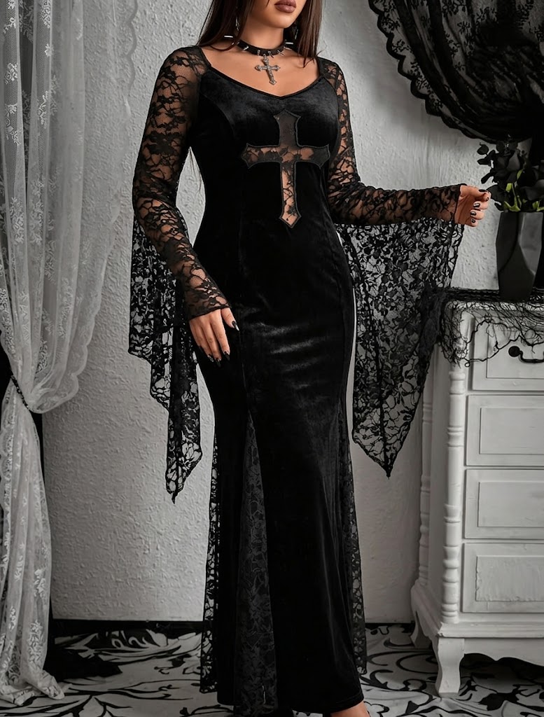 Velvet lace spliced long dress with subculture cross cut-out bodycon dress