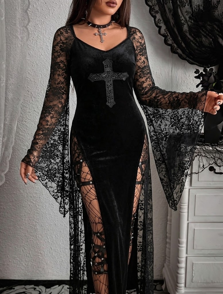 Velvet lace spliced long dress with subculture cross cut-out bodycon dress