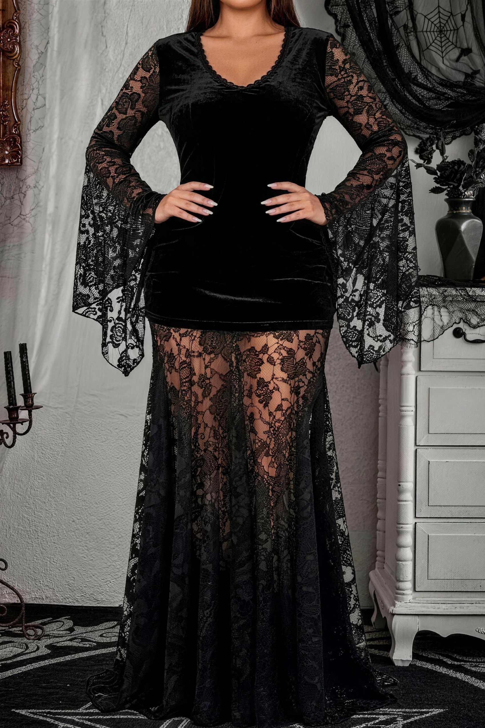 Black Gothic Lace Flare Sleeve Maxi Dress