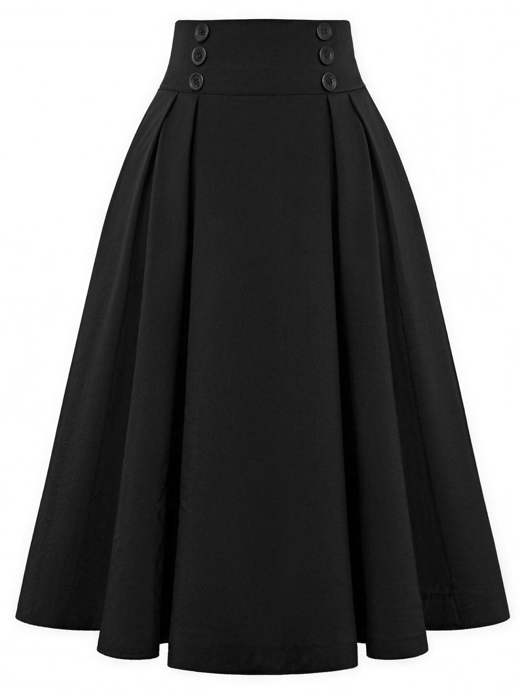 Elegant High Waisted Pleated Midi Skirt - Vintage Double-Breasted A-Line Flare Skirt with Buttons