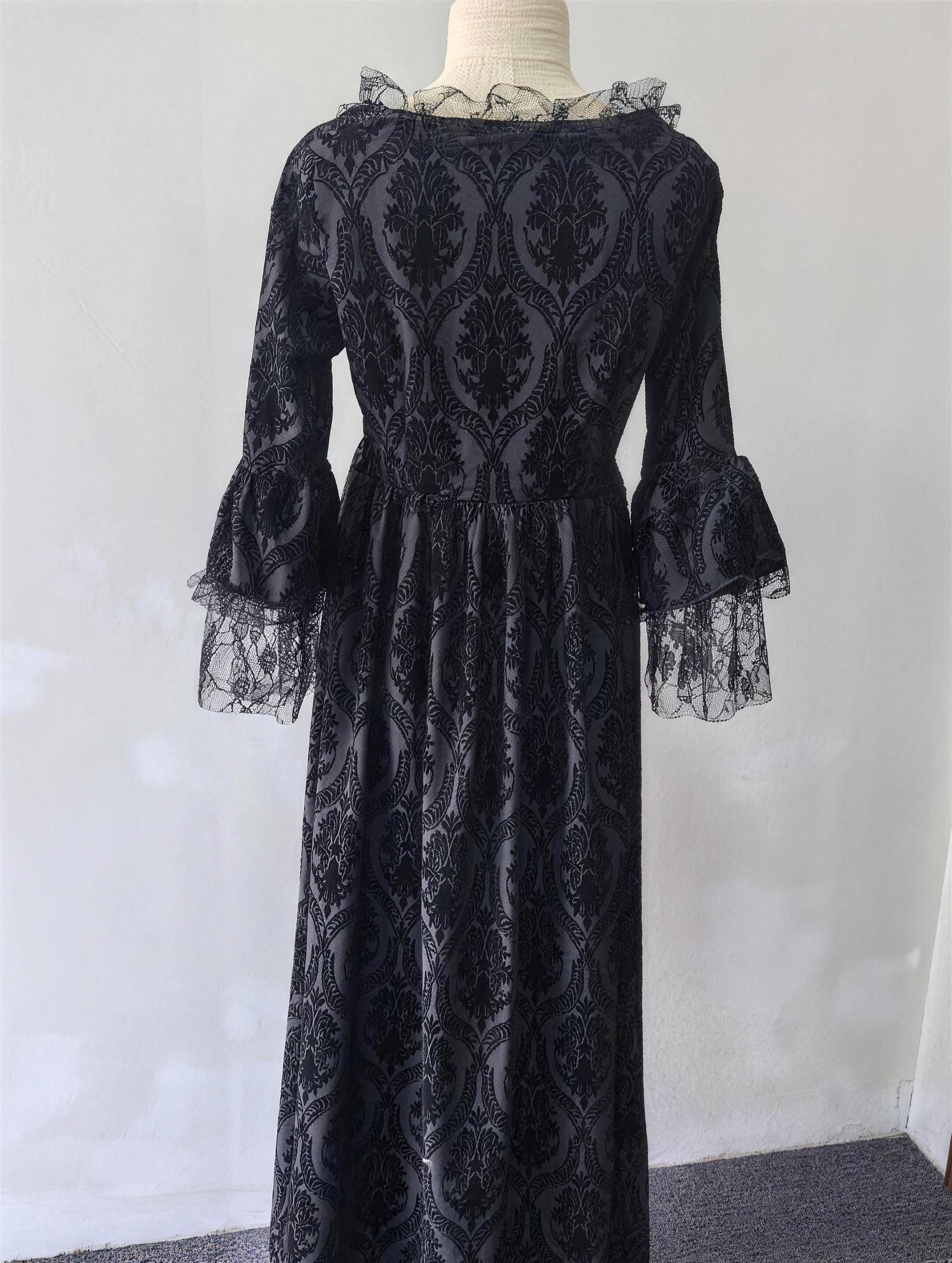Gothic Lace Patchwork Bell Sleeve Vintage Maxi Dress Black Victorian Court Ball Gown