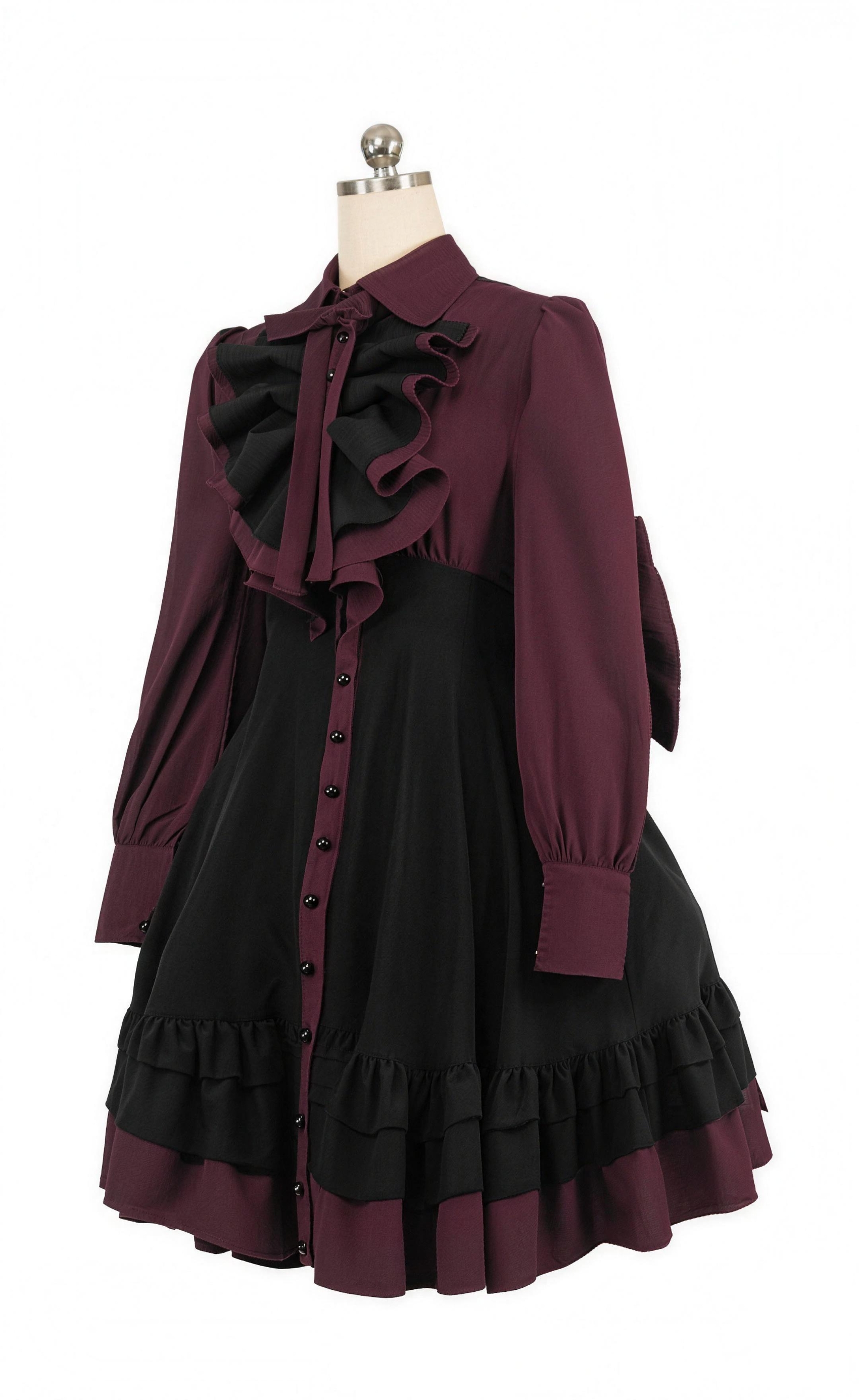 Vintage Gothic Lolita Dress - Dark Ruffle Lace Bow-Knot Lantern Sleeve A-Line Plaid Patchwork Dress, Victorian Punk Party Mini Dress
