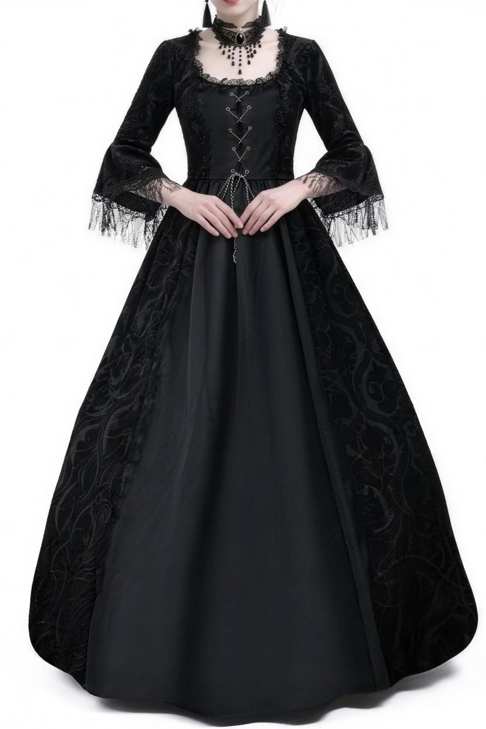 Women's Vintage Black Gothic Dress Lace Trim Square Neck Flare Sleeve Medieval Renaissance Corset Long Dress
