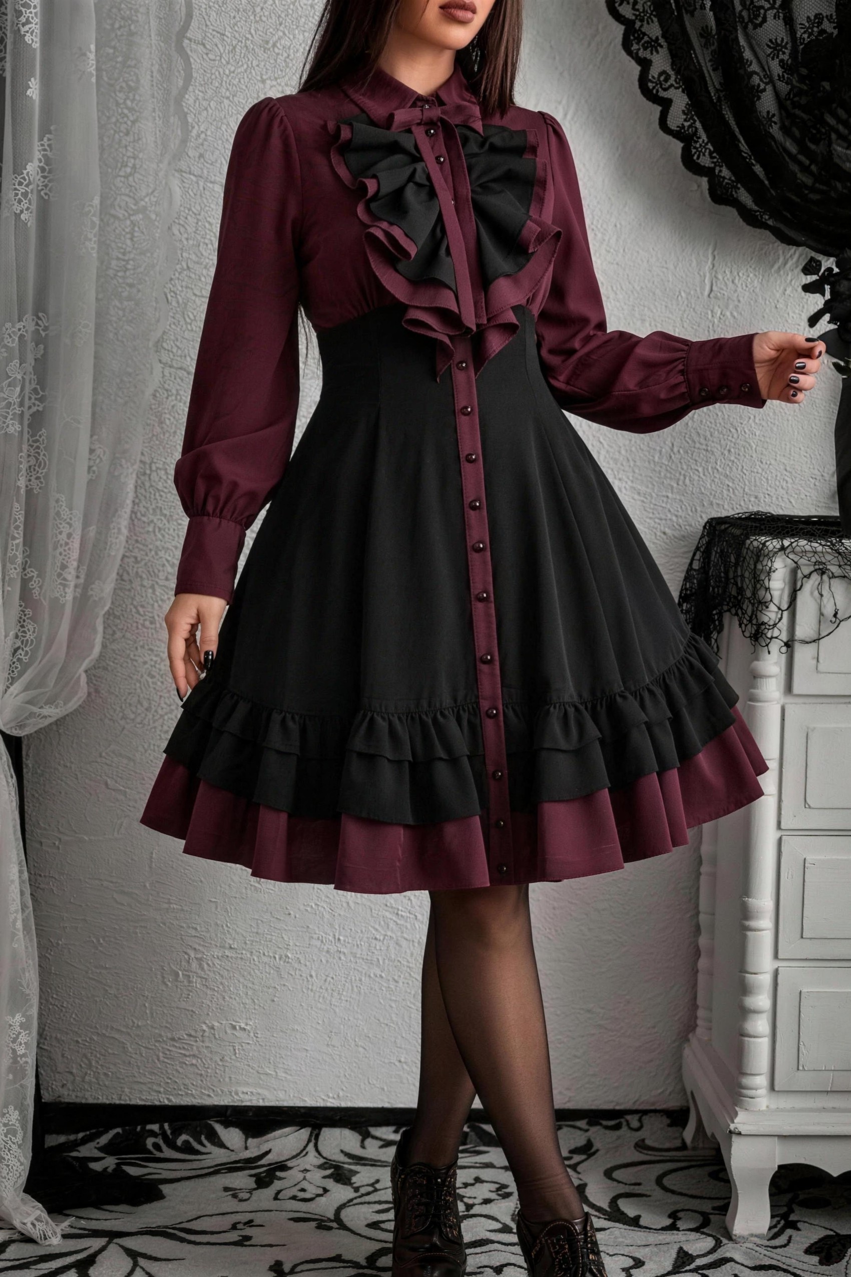 Vintage Gothic Lolita Dress - Dark Ruffle Lace Bow-Knot Lantern Sleeve A-Line Plaid Patchwork Dress, Victorian Punk Party Mini Dress