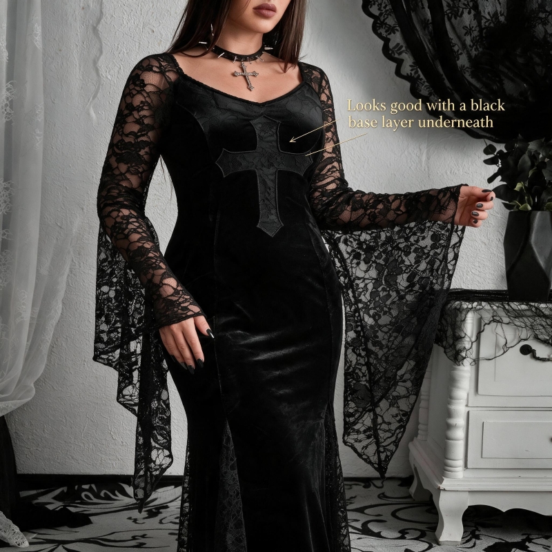 Velvet lace spliced long dress with subculture cross cut-out bodycon dress