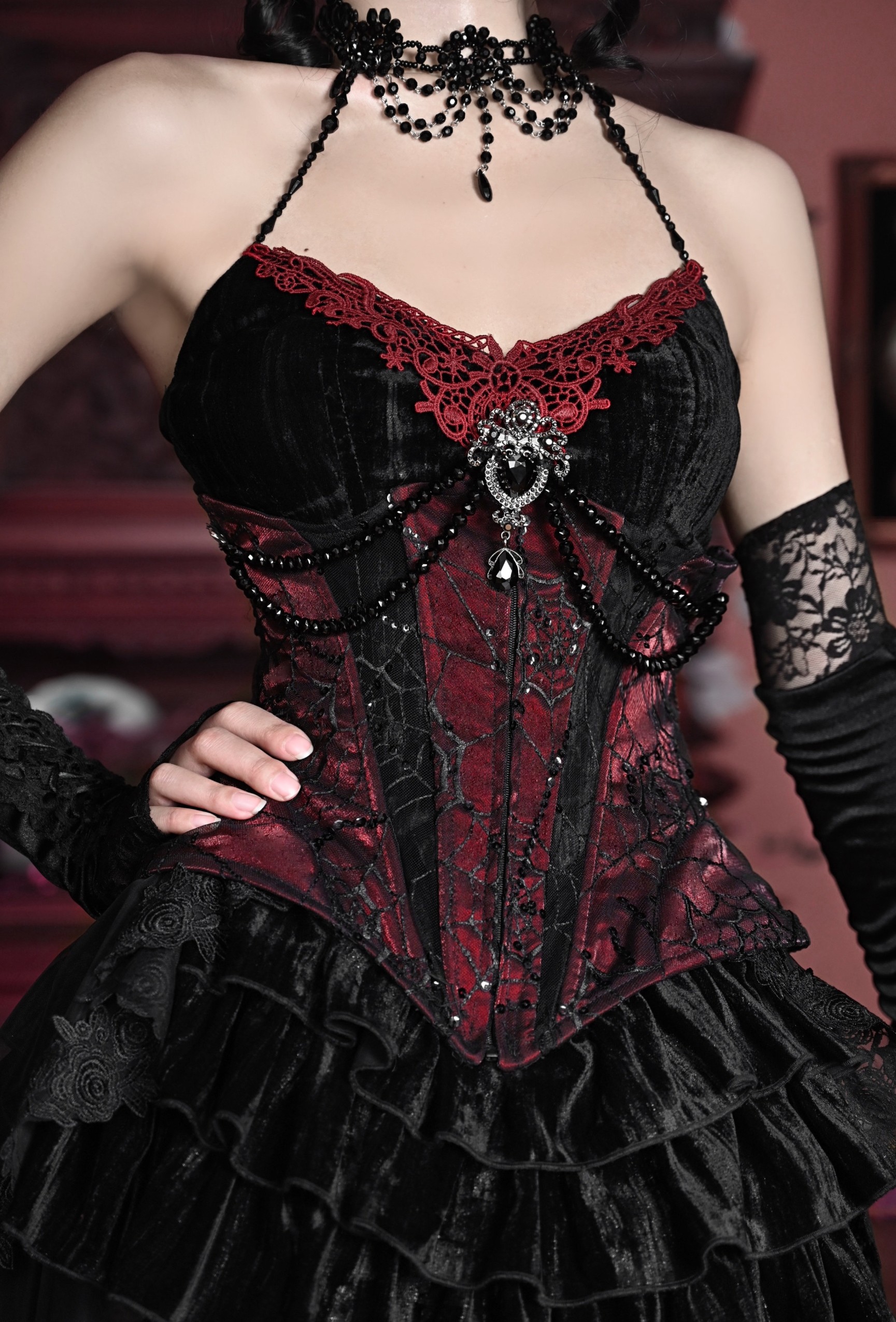 Gothic Rococo Velvet Herringbone Corset Slip Dress