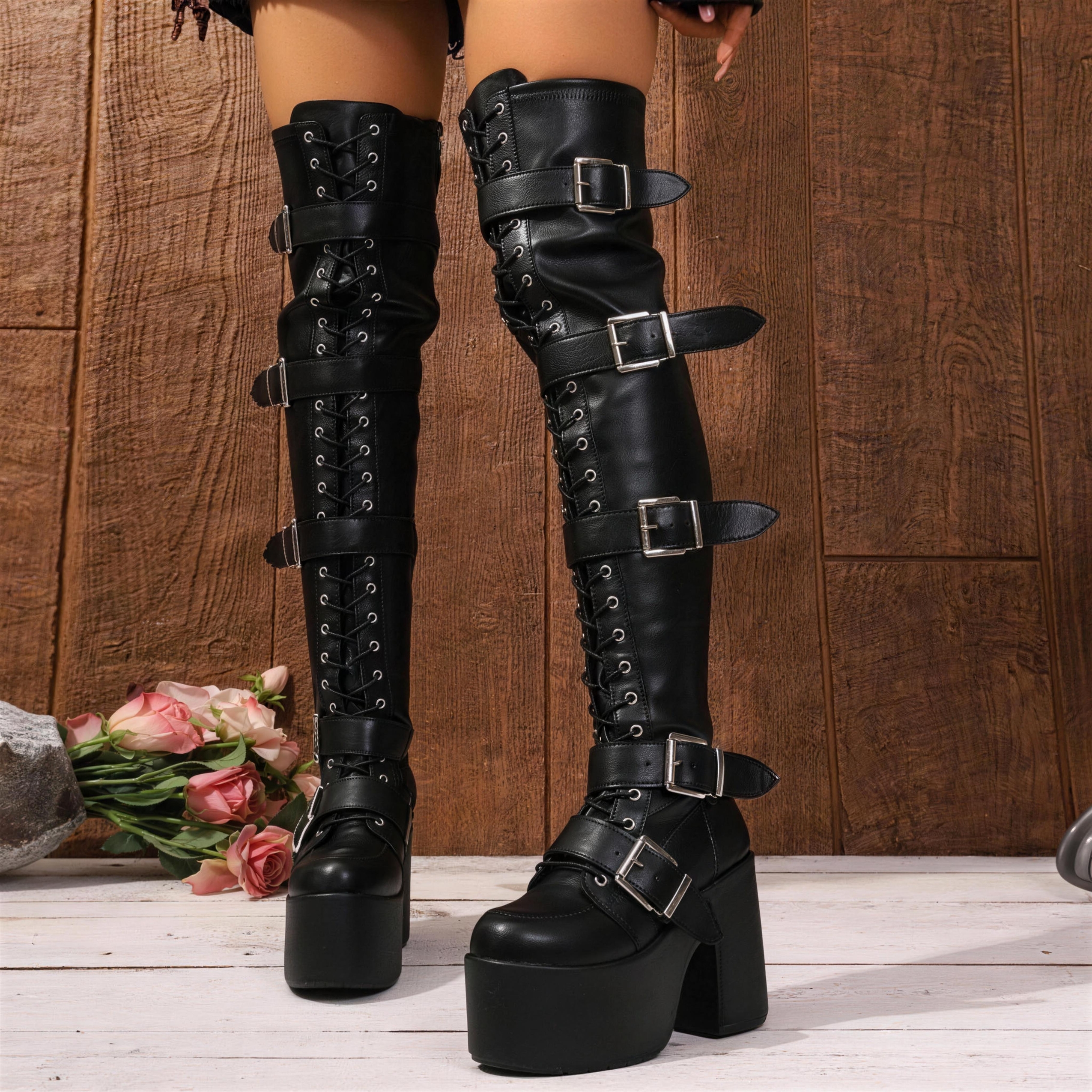 Dark punk belt buckle chunky heel fashion sexy plus-size over-the-knee boots, European and American style