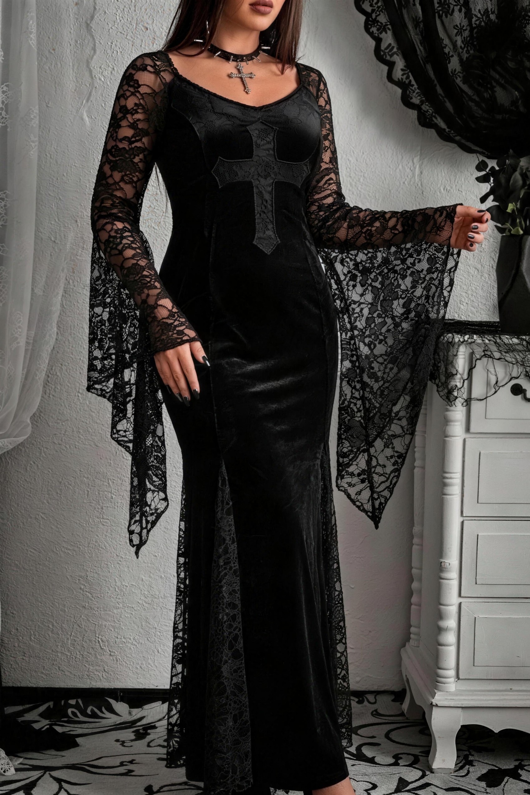 Velvet lace spliced long dress with subculture cross cut-out bodycon dress