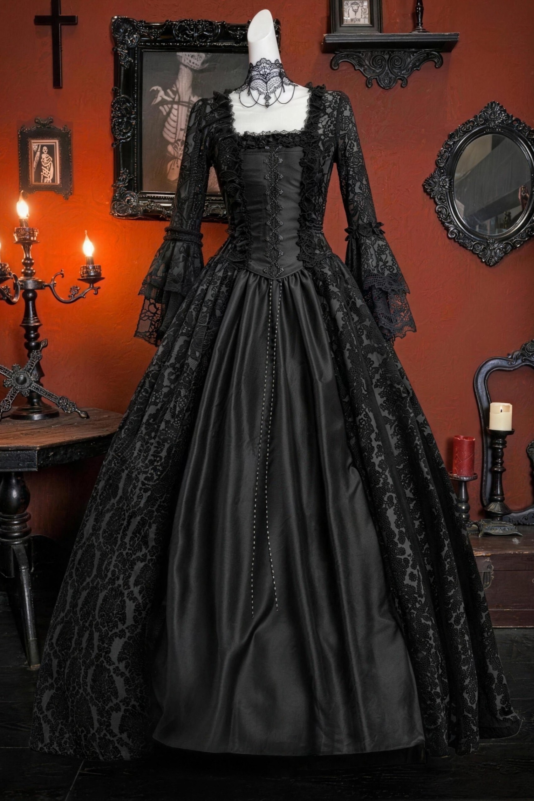 Gothic Lace Patchwork Bell Sleeve Vintage Maxi Dress Black Victorian Court Ball Gown