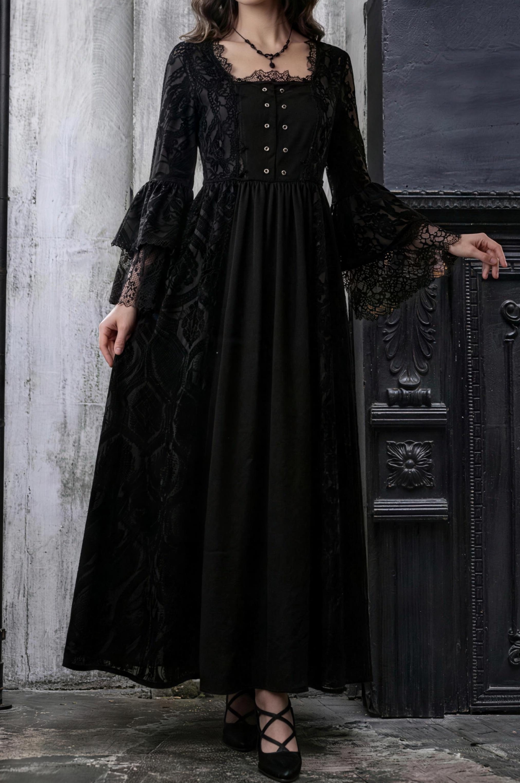 Gothic Lace Patchwork Bell Sleeve Vintage Maxi Dress Black Victorian Court Ball Gown
