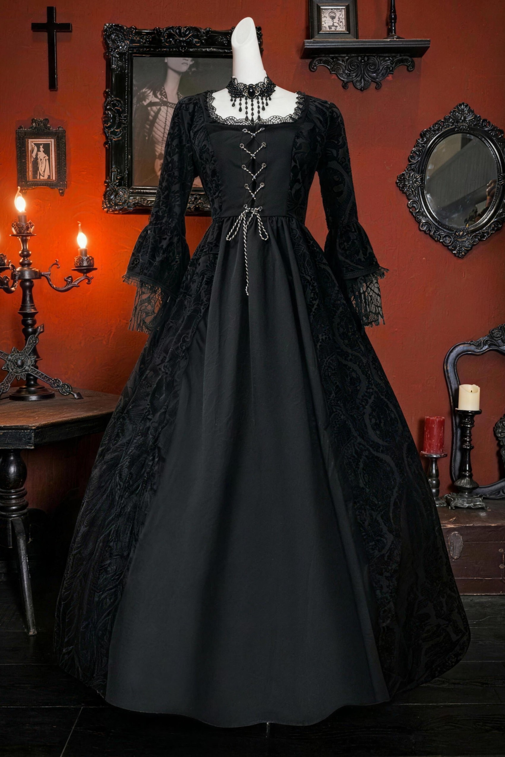 Women's Vintage Black Gothic Dress Lace Trim Square Neck Flare Sleeve Medieval Renaissance Corset Long Dress