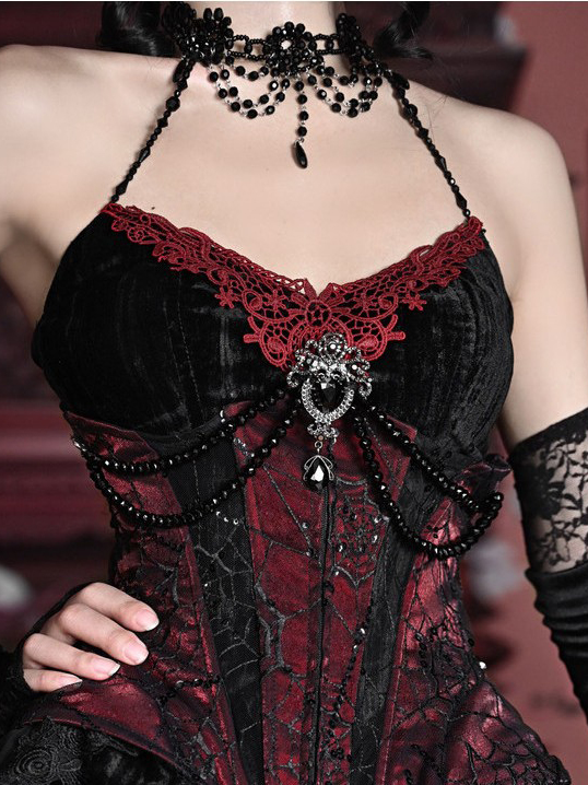 Gothic Rococo Heavy Velvet Spiderweb Herringbone Corset Strap Autumn