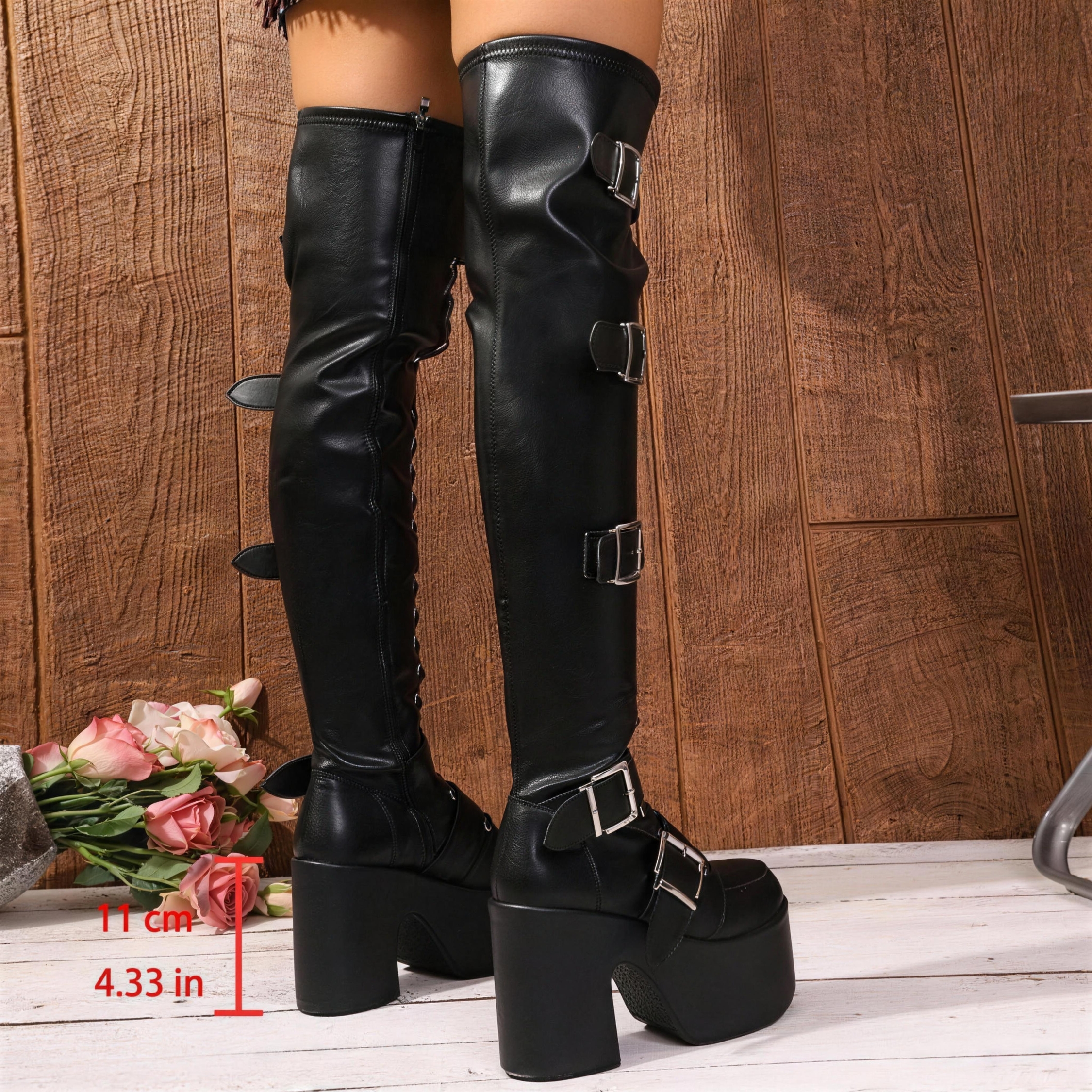 Dark punk belt buckle chunky heel fashion sexy plus-size over-the-knee boots, European and American style
