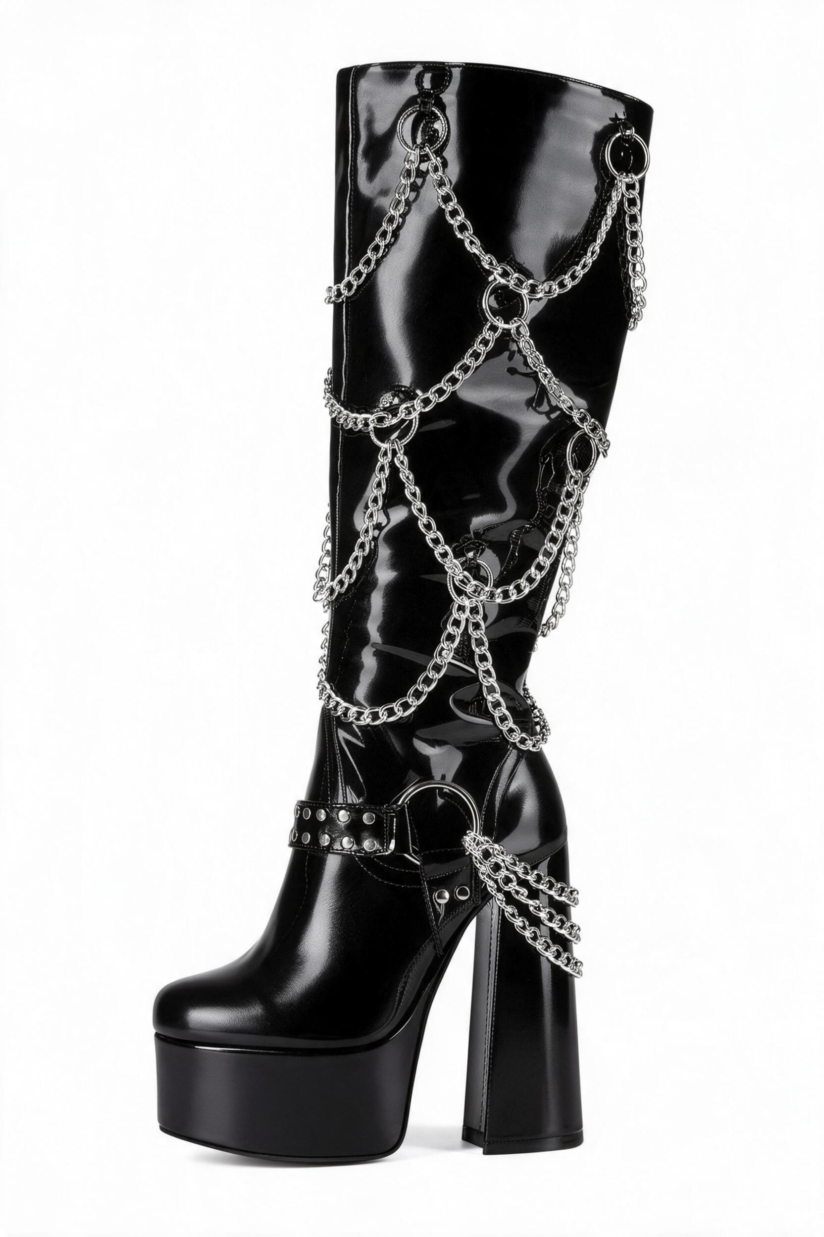 Women’s plus-size knee-high boots with chunky heels, punk gothic style, and metal chains