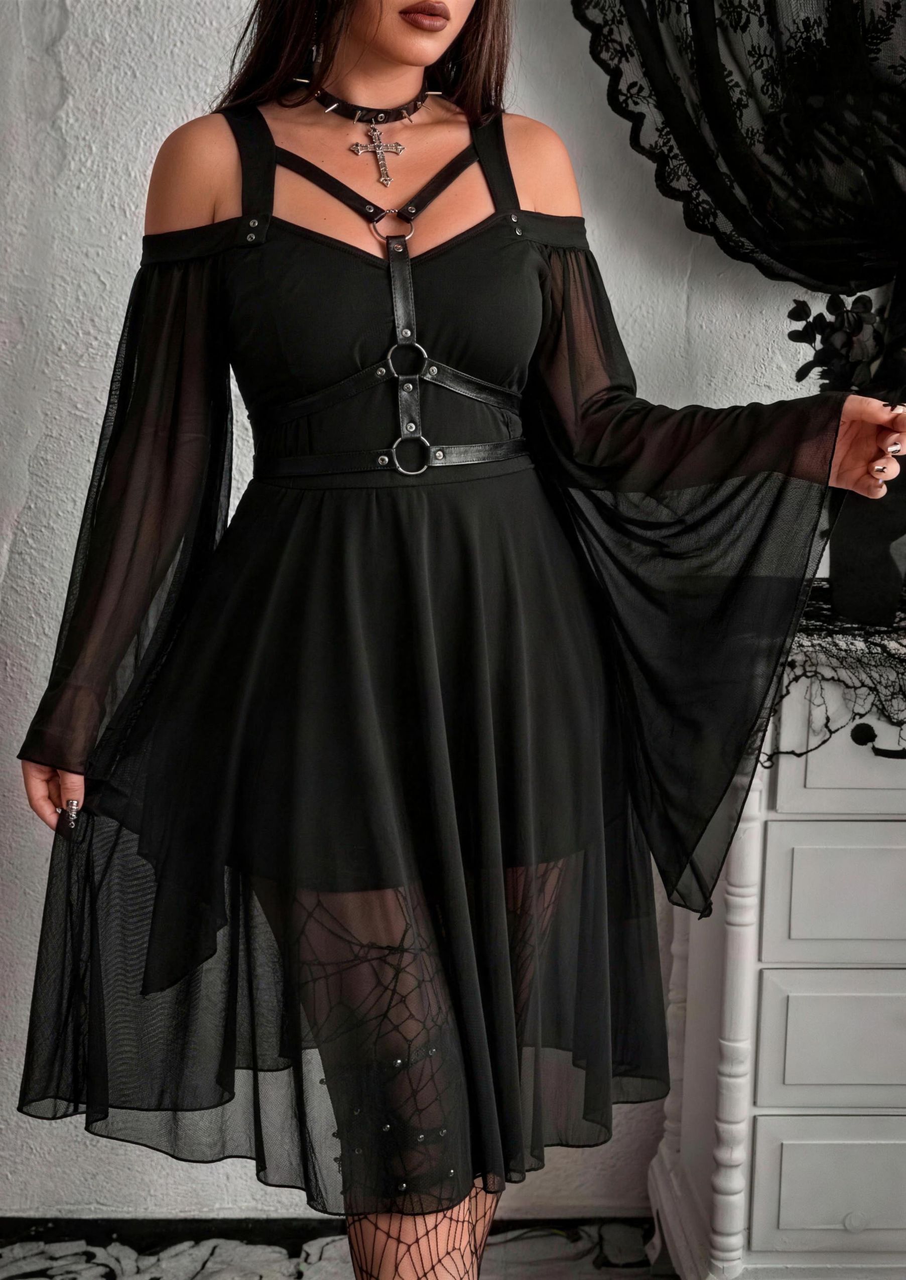 Nocturnal Witch Batwing Sleeve Strappy Midi Dress