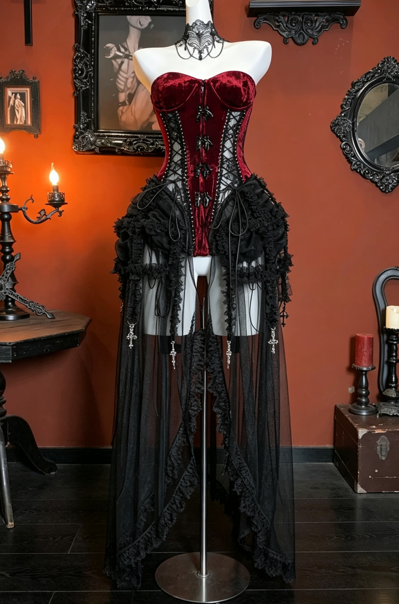 Goth black and red niche detailed herringbone lace-up birdcage corset