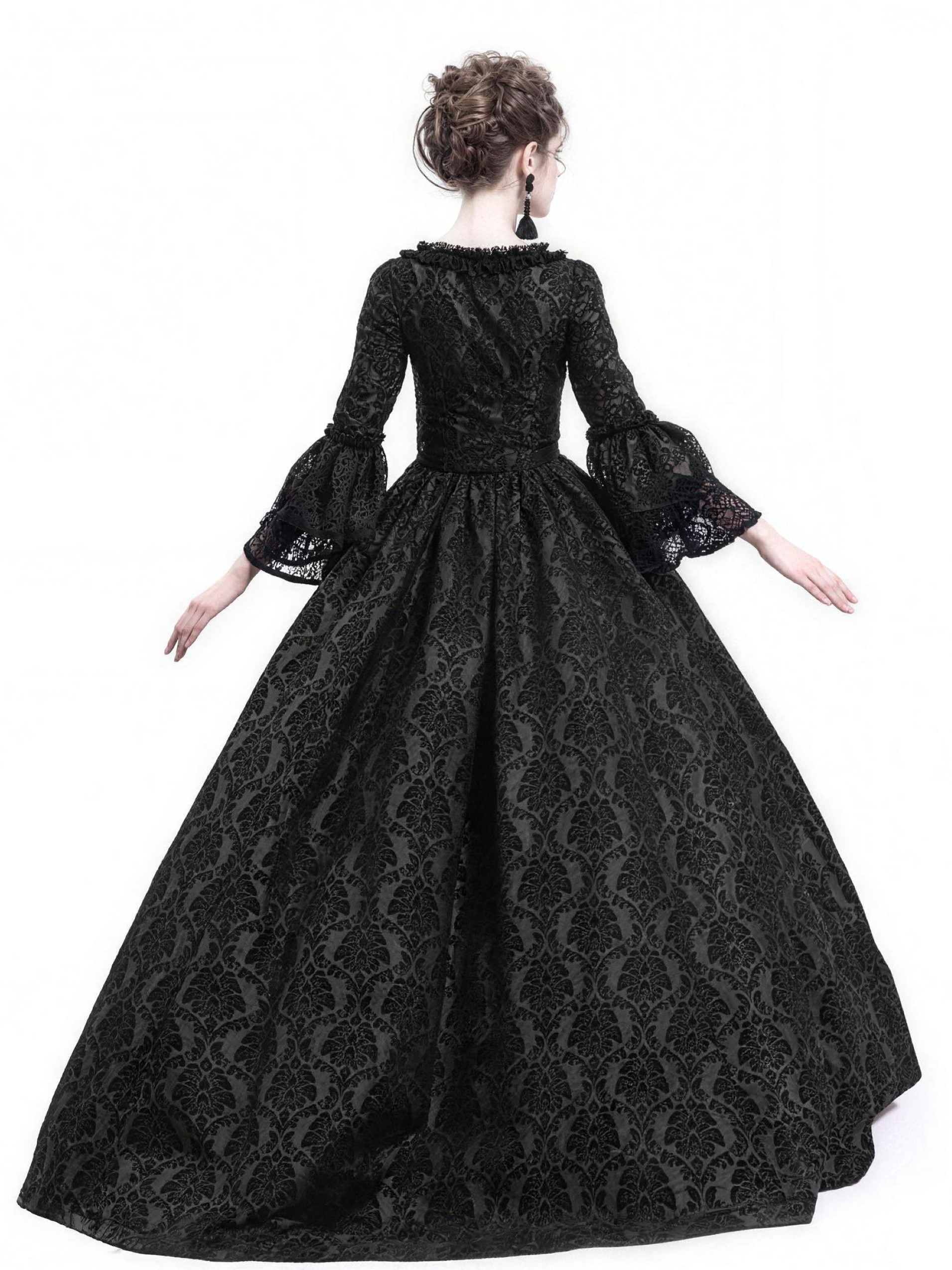 Gothic Lace Patchwork Bell Sleeve Vintage Maxi Dress Black Victorian Court Ball Gown