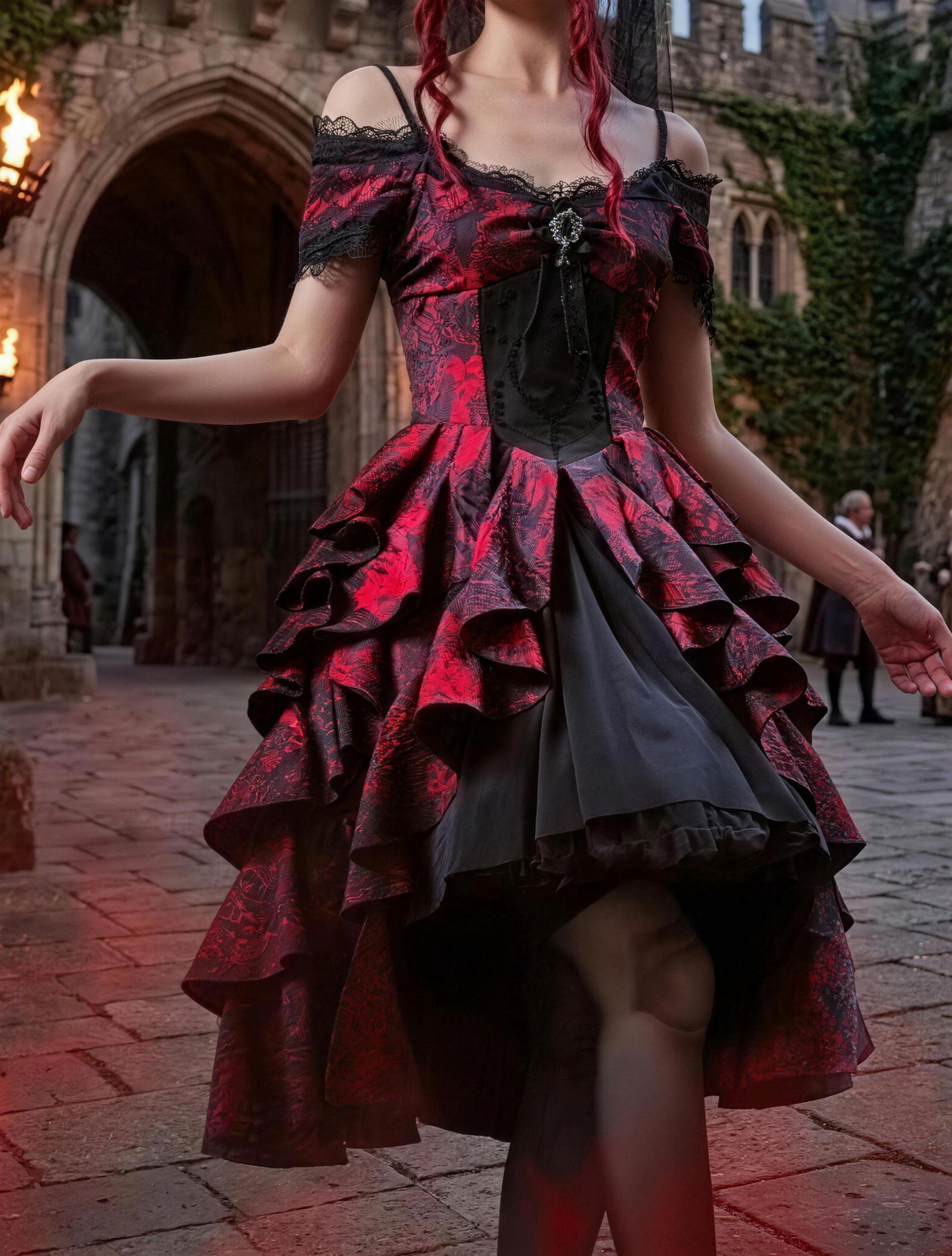 Underworld Feast Gothic Heavy Black and Red Jacquard Off-Shoulder Court Wave Dress