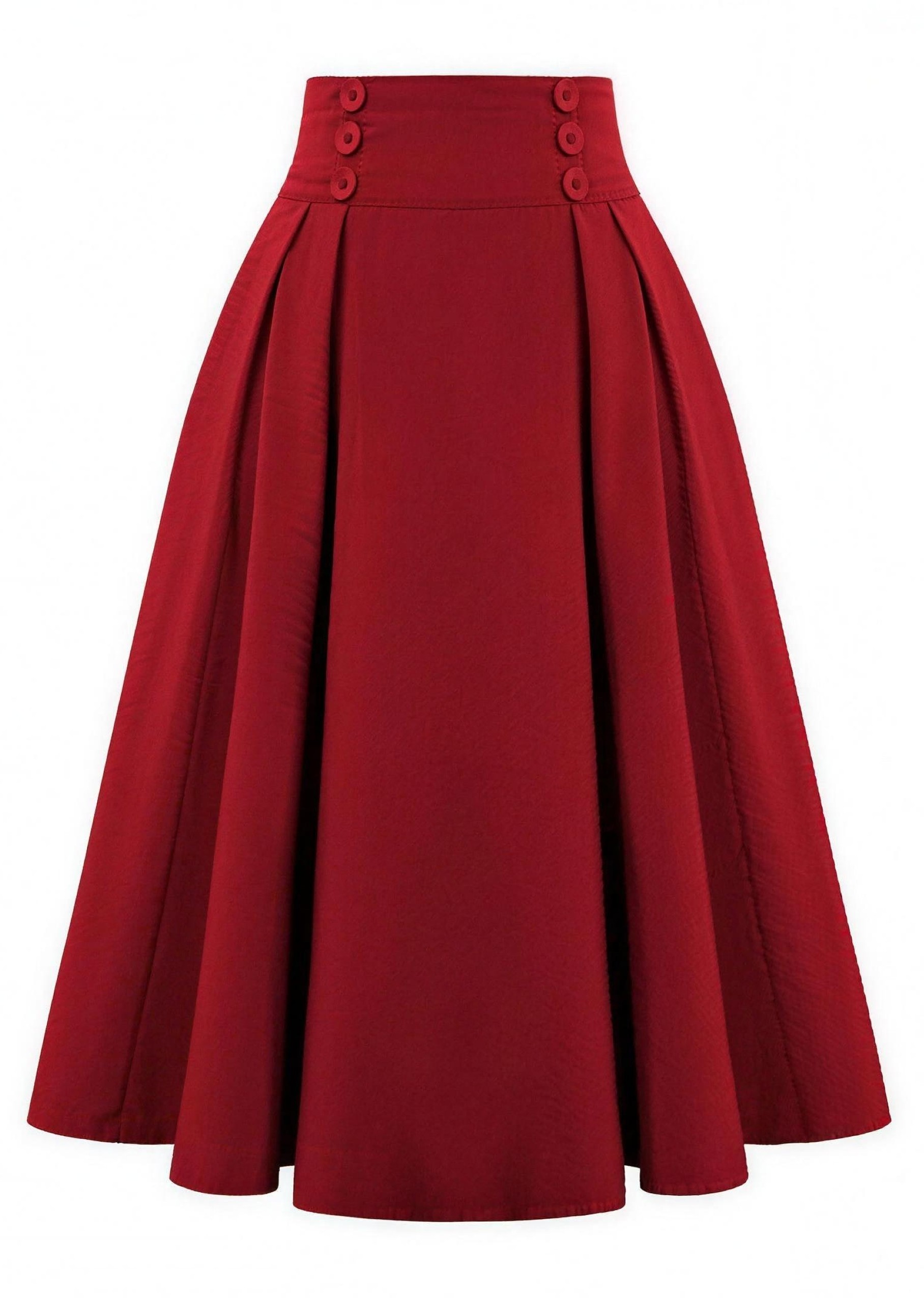 Elegant High Waisted Pleated Midi Skirt - Vintage Double-Breasted A-Line Flare Skirt with Buttons