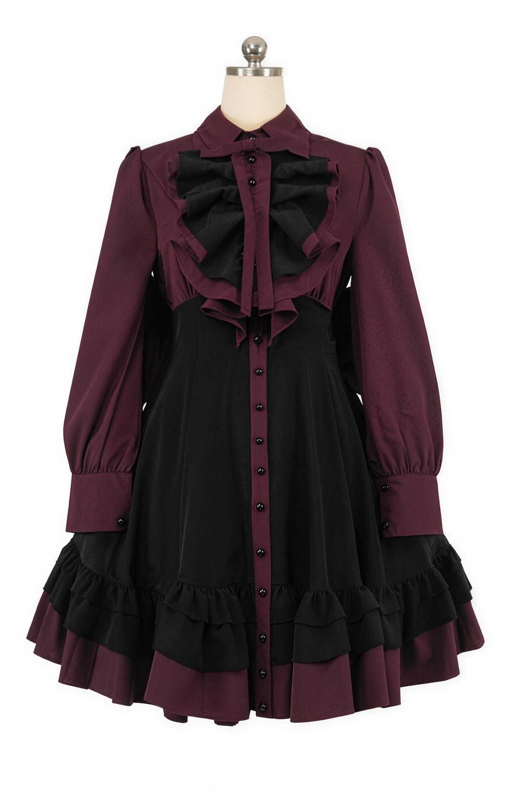 Vintage Gothic Lolita Dress - Dark Ruffle Lace Bow-Knot Lantern Sleeve A-Line Plaid Patchwork Dress, Victorian Punk Party Mini Dress
