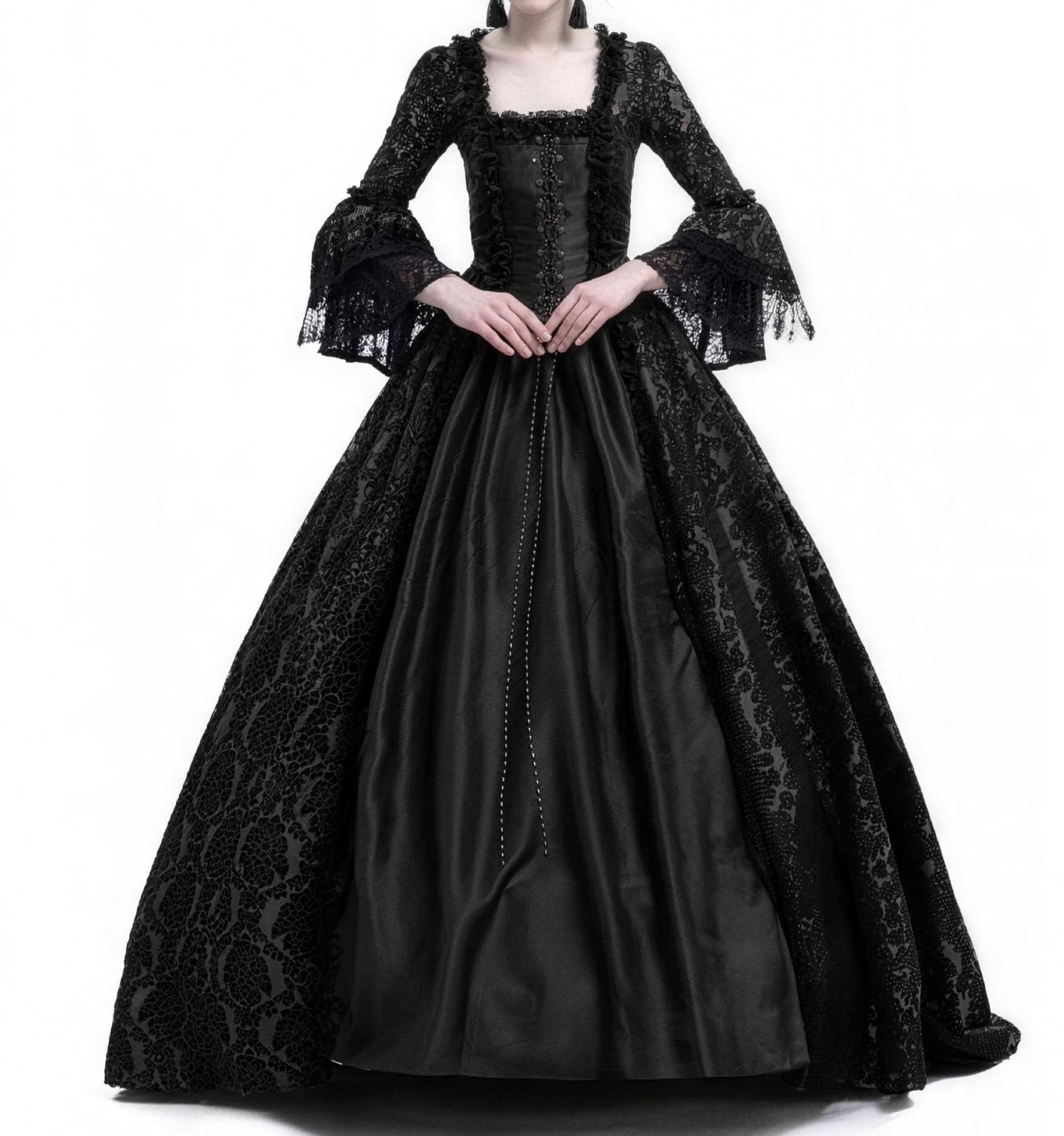 Gothic Lace Patchwork Bell Sleeve Vintage Maxi Dress Black Victorian Court Ball Gown