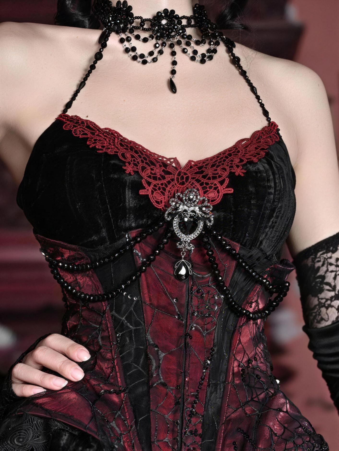 Gothic Rococo Heavy Velvet Spiderweb Herringbone Corset Strap Autumn