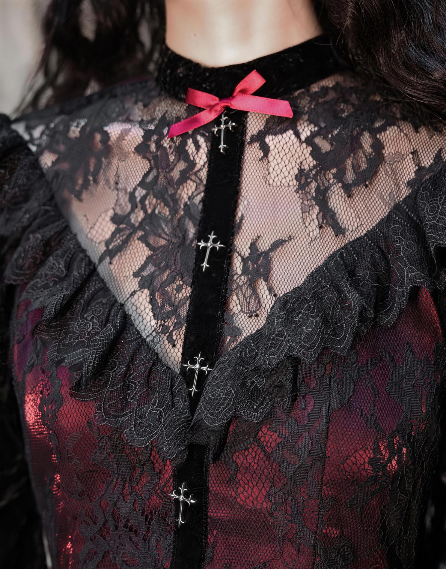 Rose Cemetery Gothic Dark Red Drawstring Design Velvet Puff Sleeve Lace Dress