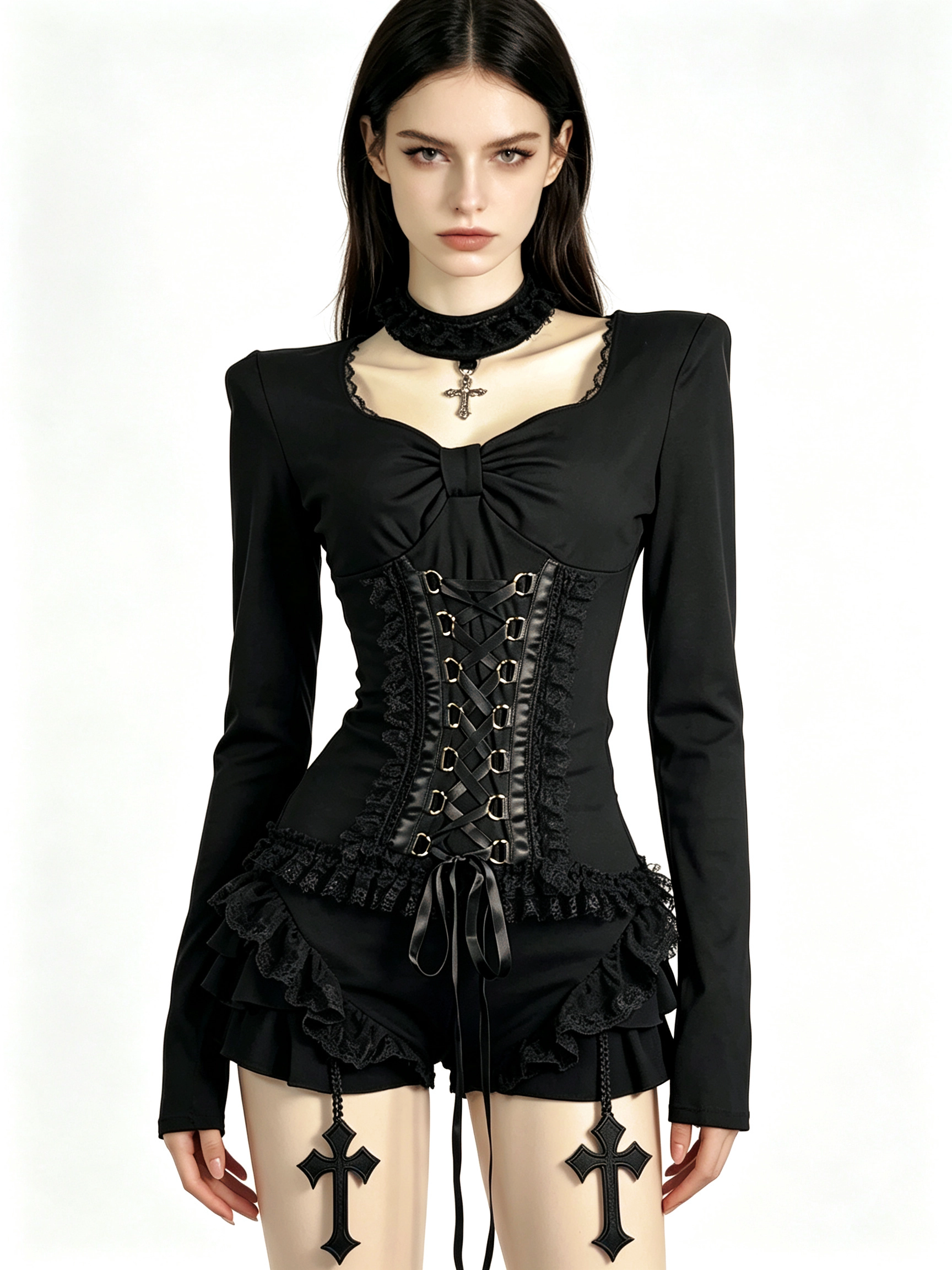 Gothic Lace-Up Corset Ruffle Romper with Choker