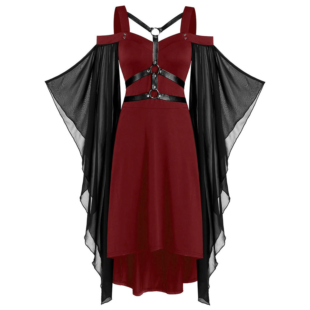 Plus Size Gothic Harness Cold Shoulder Asymmetrical Dress