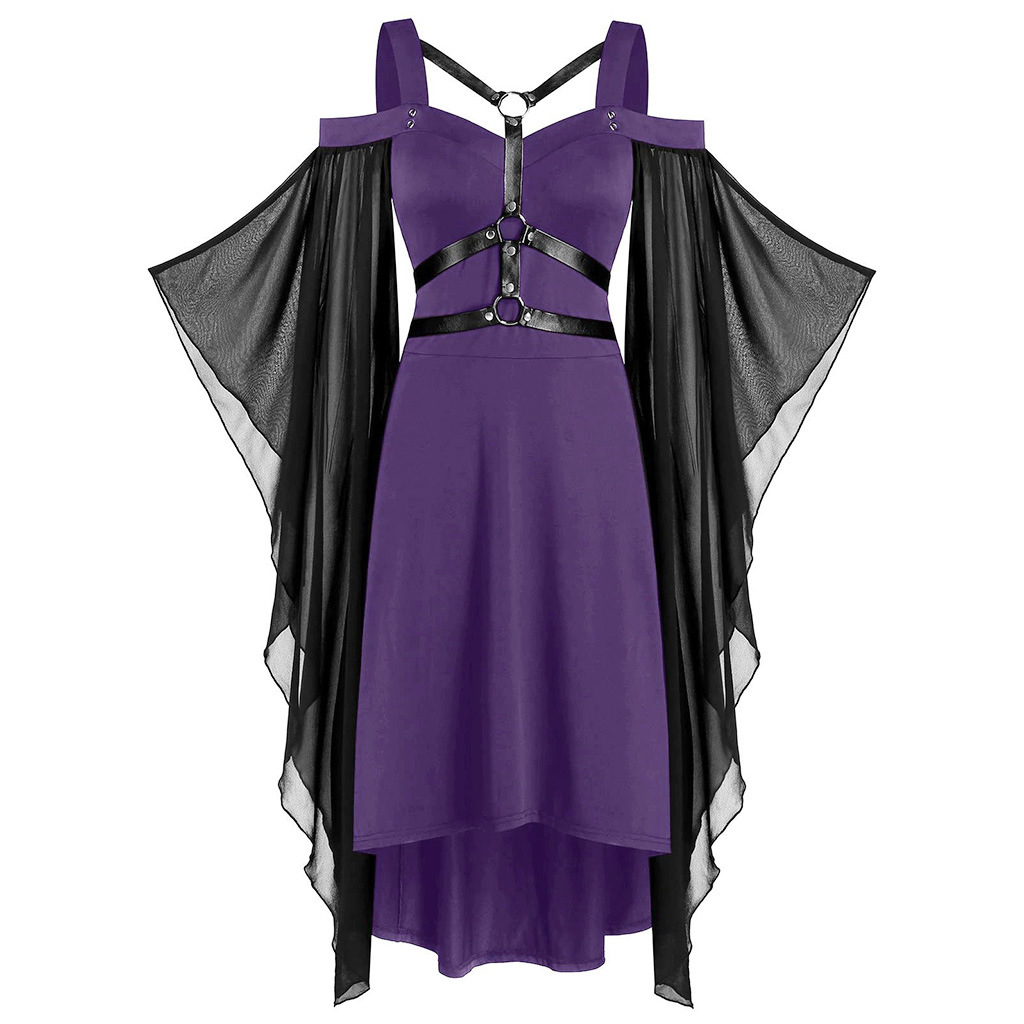 Plus Size Gothic Harness Cold Shoulder Asymmetrical Dress