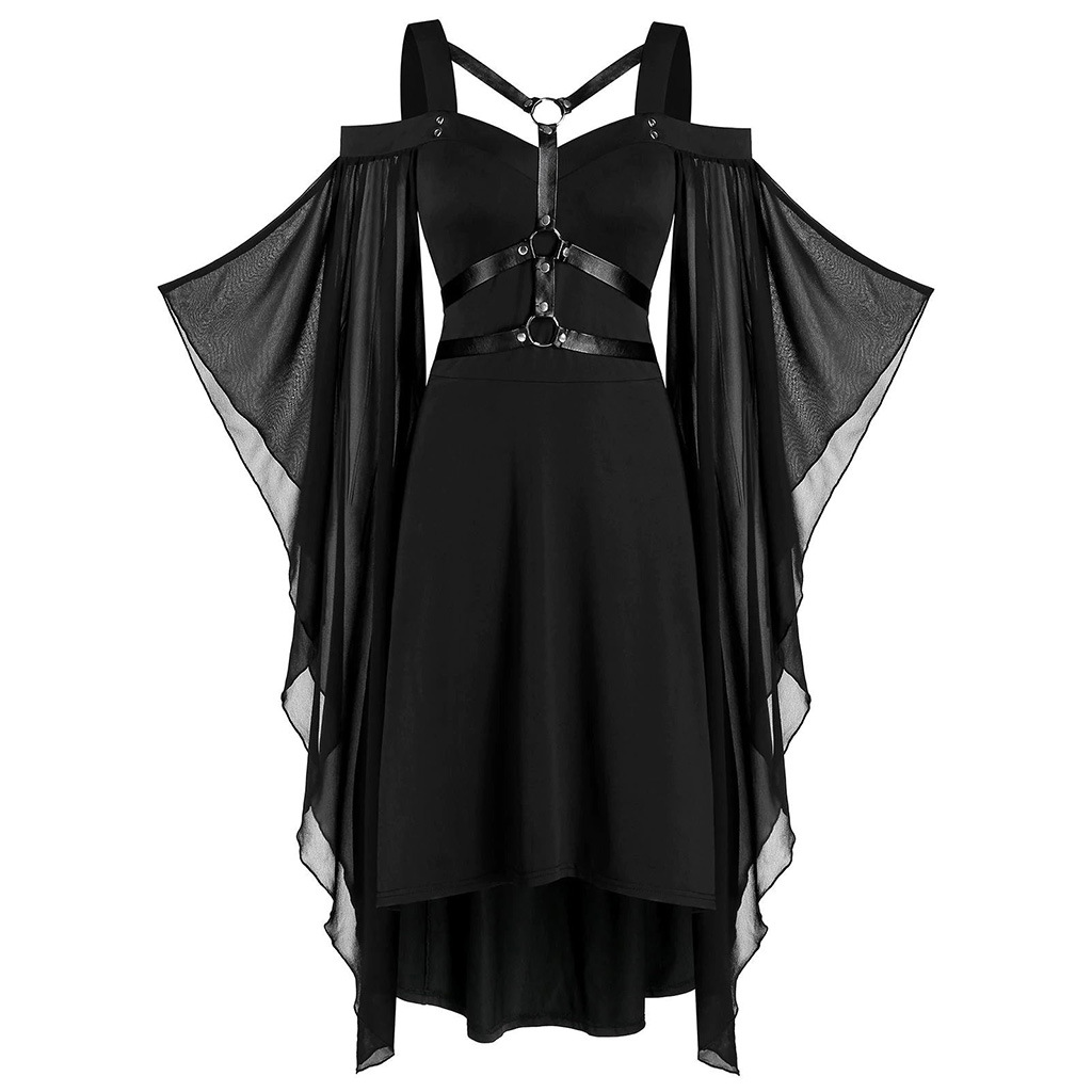 Plus Size Gothic Harness Cold Shoulder Asymmetrical Dress