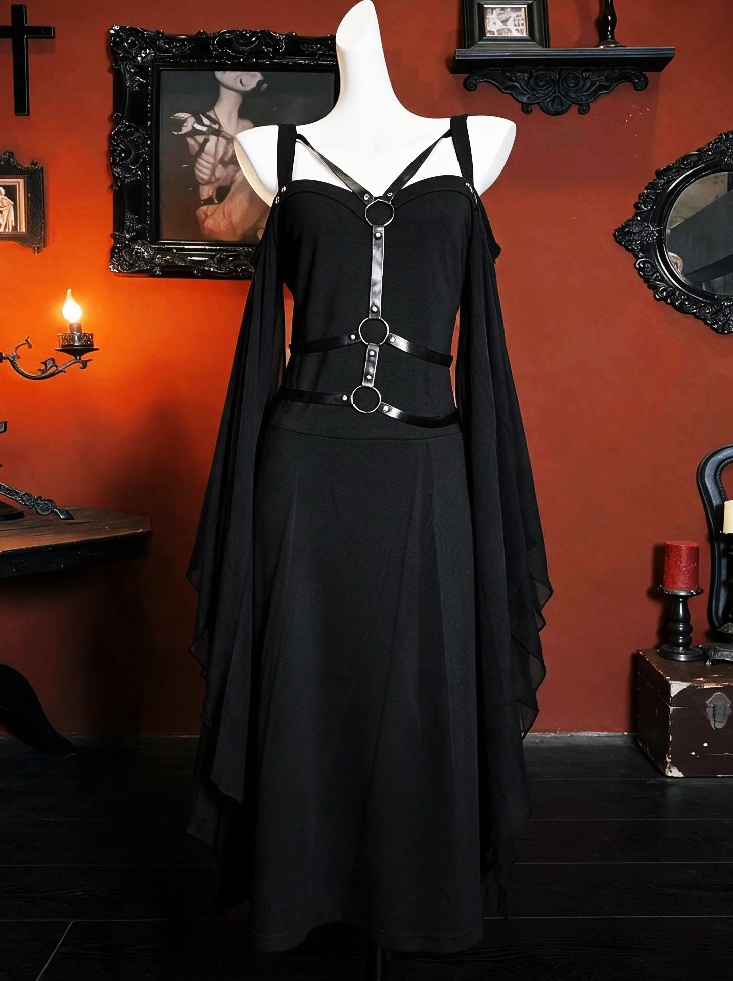 Plus Size Gothic Harness Cold Shoulder Asymmetrical Dress