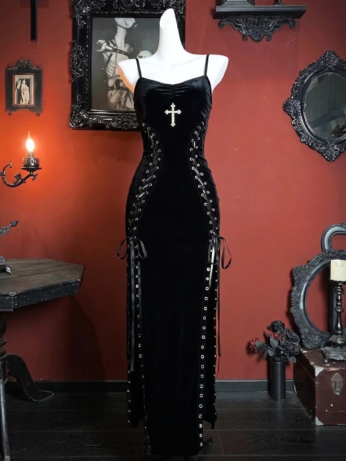 Vampire Romance Velvet Cross Lace-Up Slip Dress