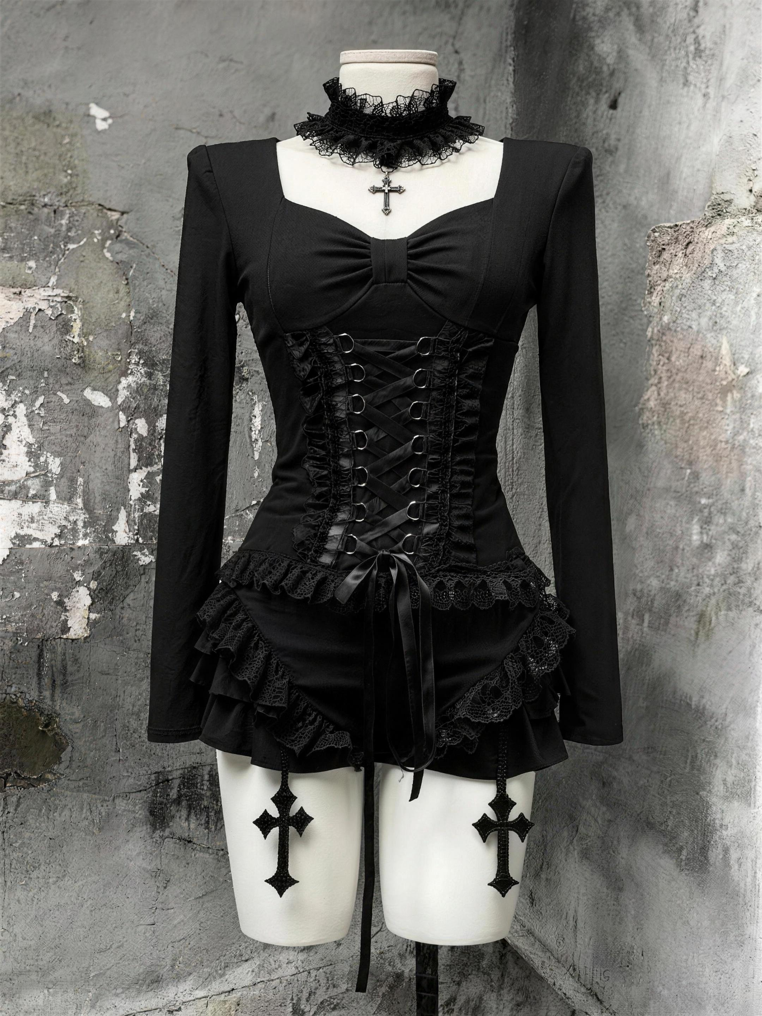 Gothic Lace-Up Corset Ruffle Romper with Choker