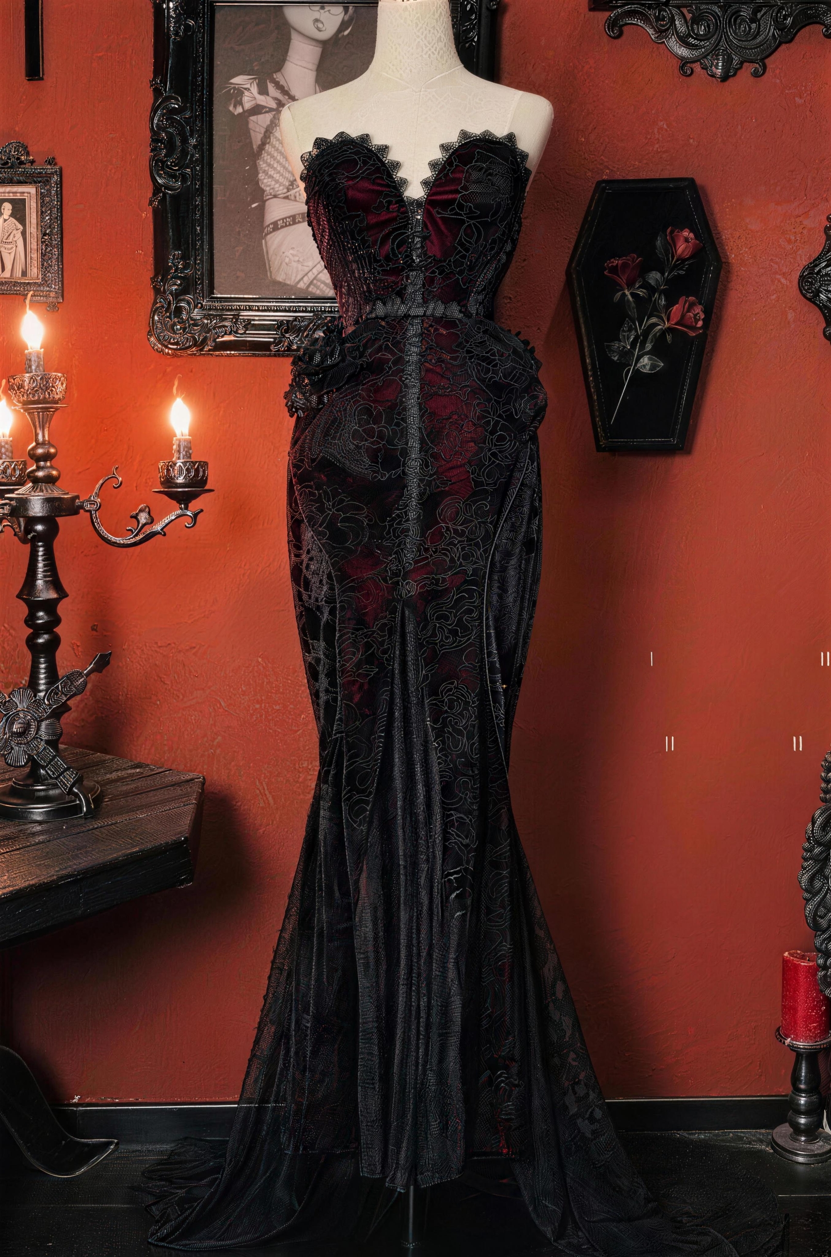 Scarlet Blood Peak Gothic Dark Atmosphere Heart Velvet Shiny Mermaid Dress