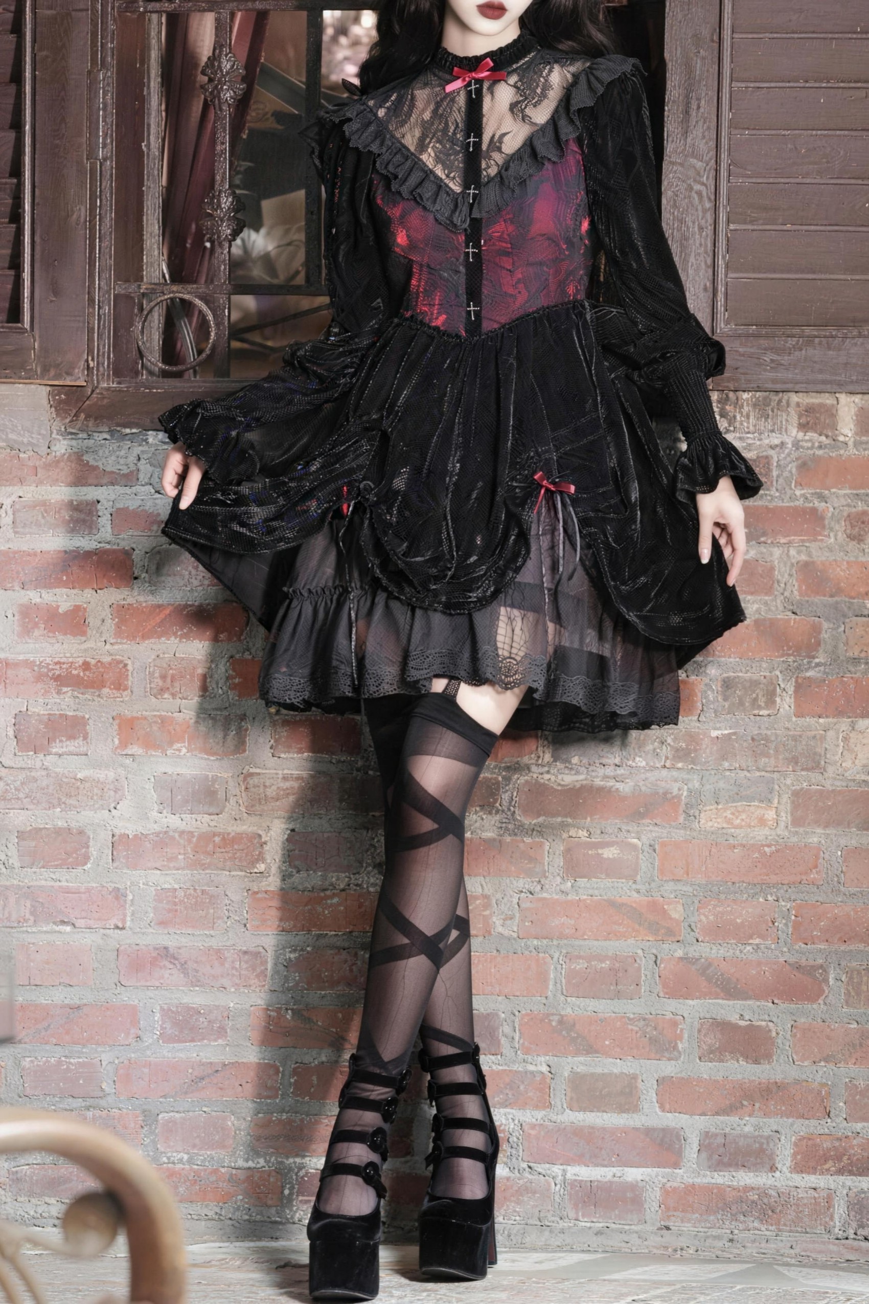Rose Cemetery Gothic Dark Red Drawstring Design Velvet Puff Sleeve Lace Dress