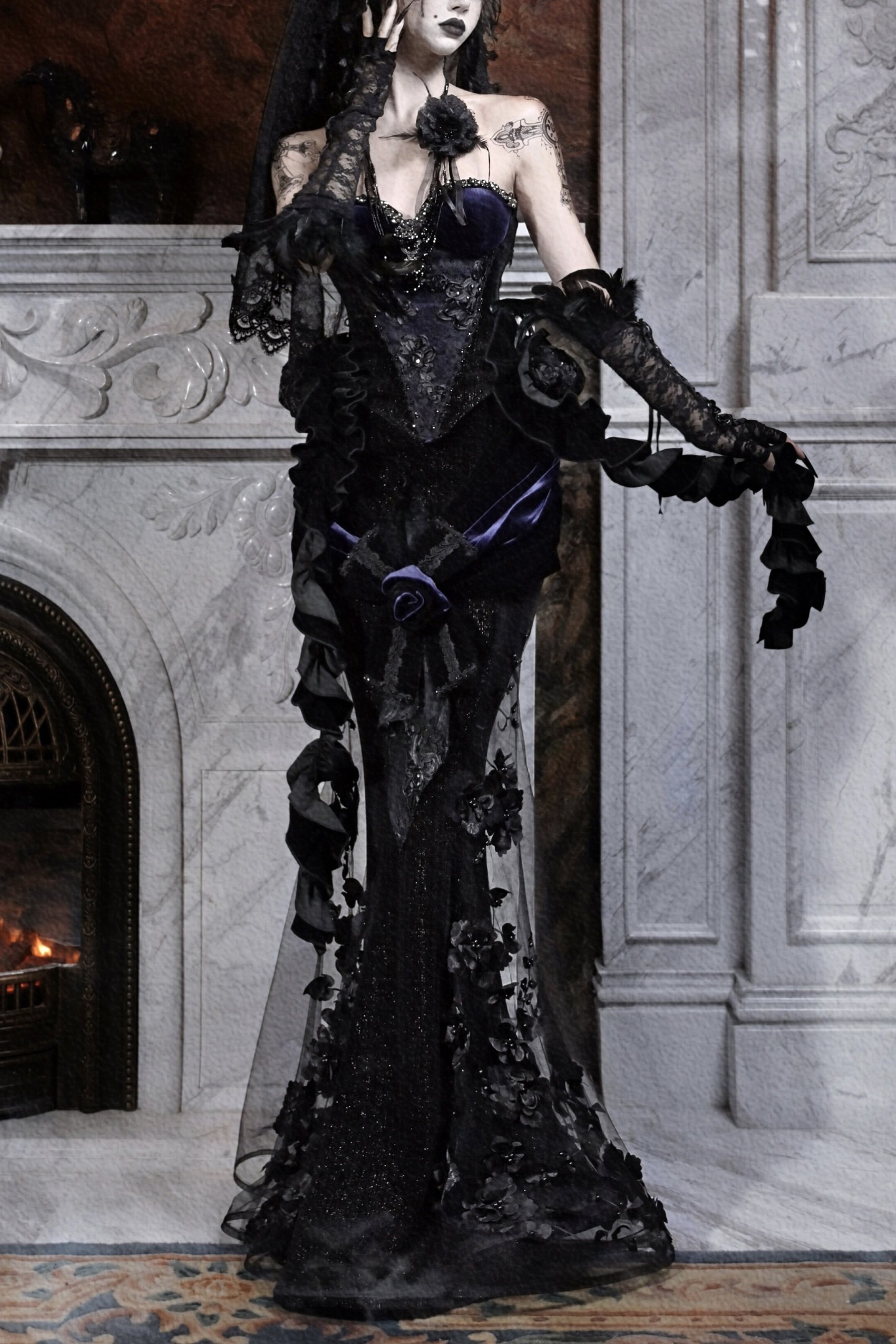 Gothic luxurious European-style beaded embroidered mermaid dress long gown for autumn