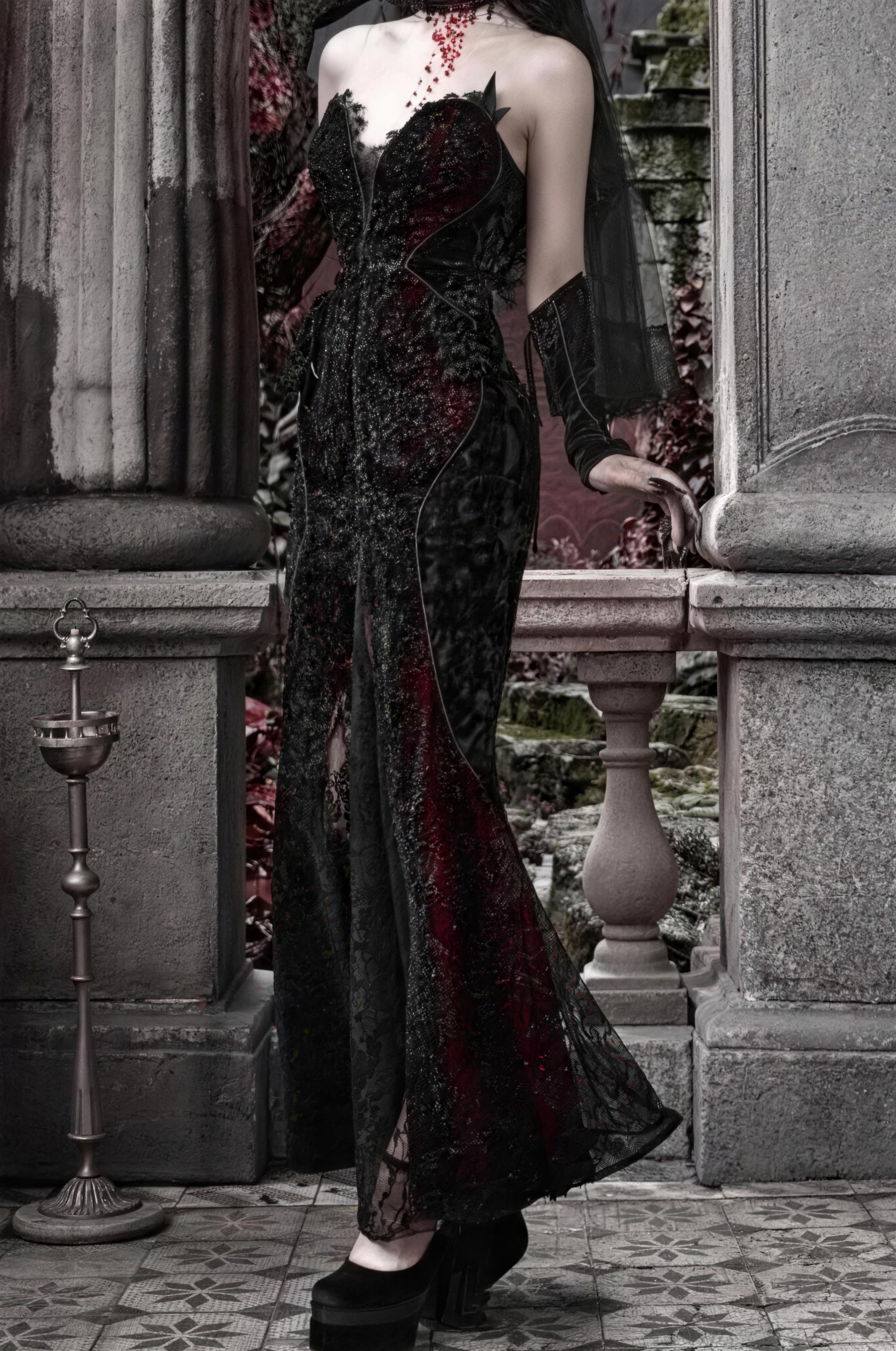 Scarlet Blood Peak Gothic Dark Atmosphere Heart Velvet Shiny Mermaid Dress