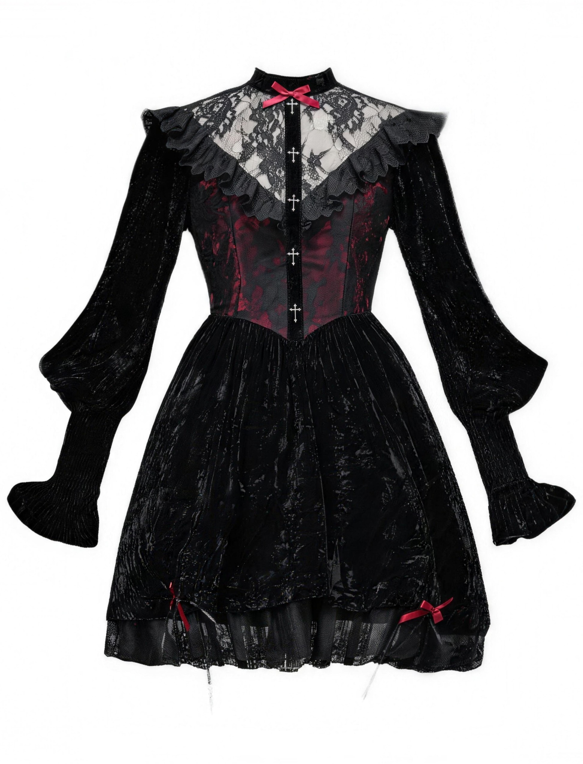 Rose Cemetery Gothic Dark Red Drawstring Design Velvet Puff Sleeve Lace Dress