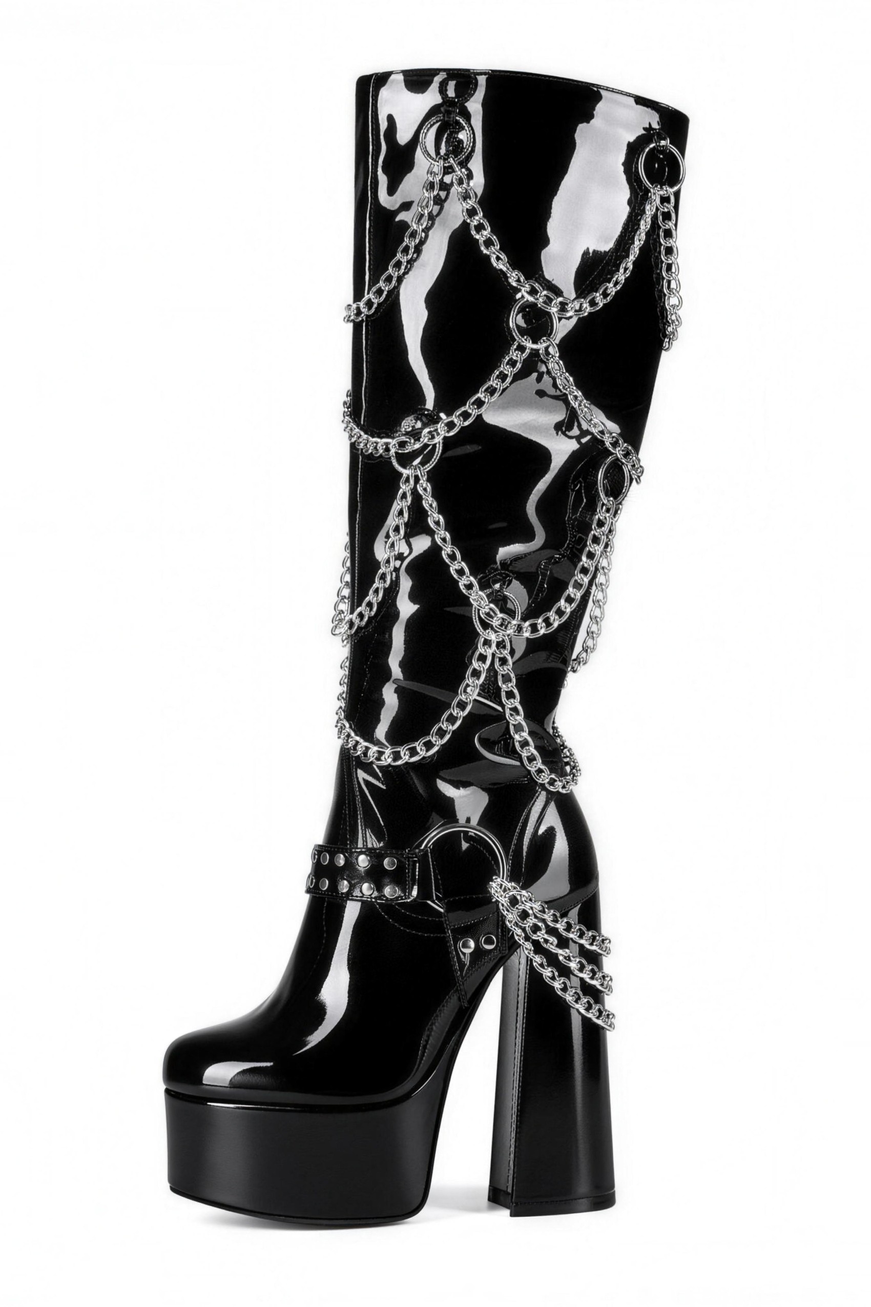 Women’s plus-size knee-high boots with chunky heels, punk gothic style, and metal chains