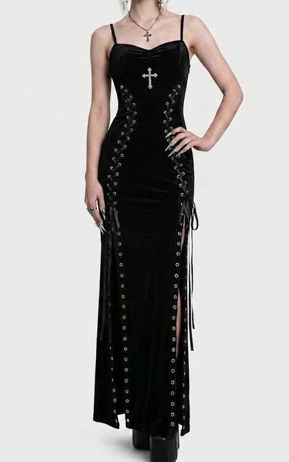 Vampire Romance Velvet Cross Lace-Up Slip Dress