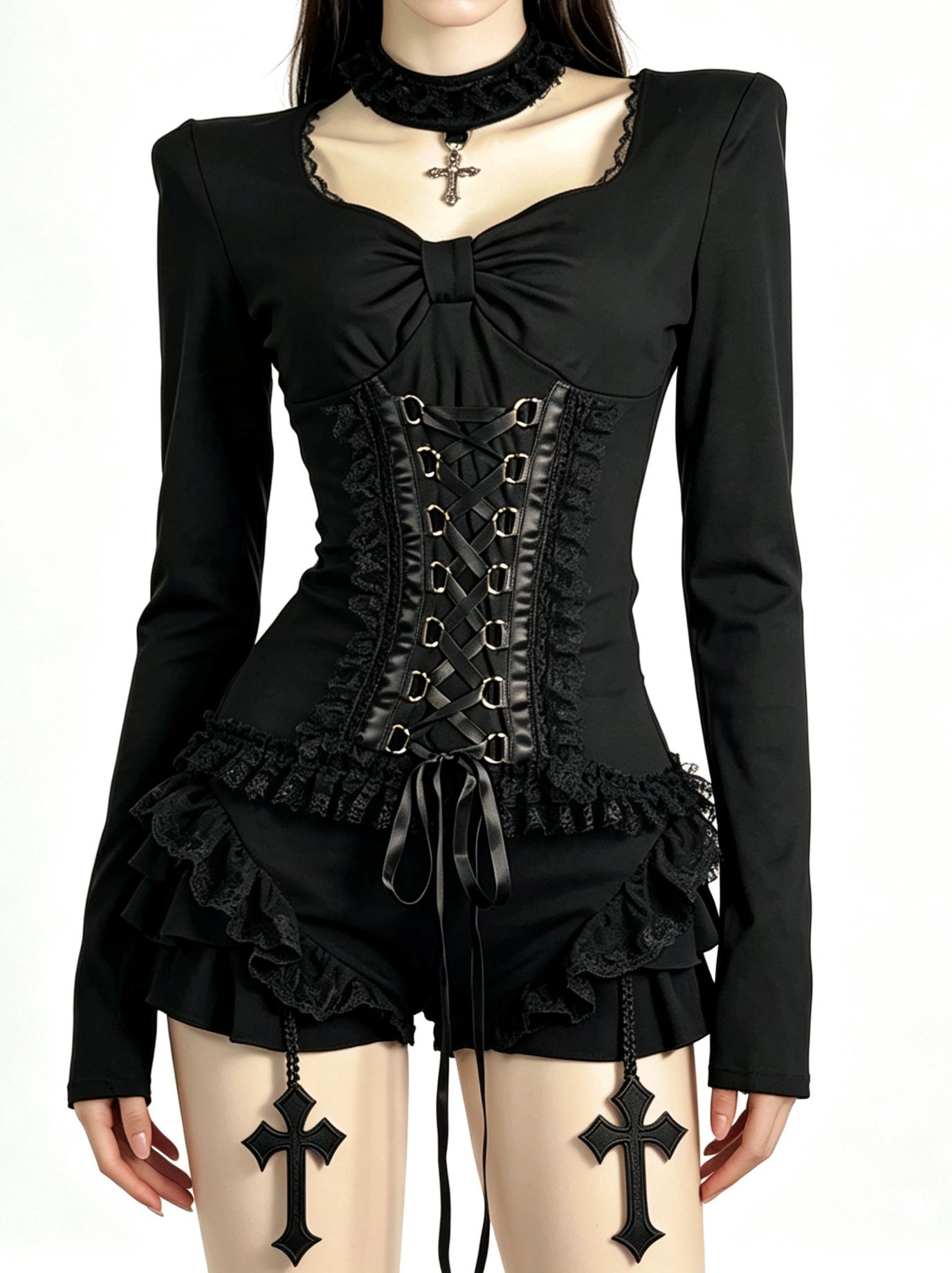 Gothic Lace-Up Corset Ruffle Romper with Choker