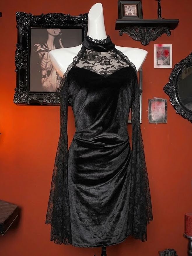 Premium Black Velvet Cold Shoulder Lace Mini Dress