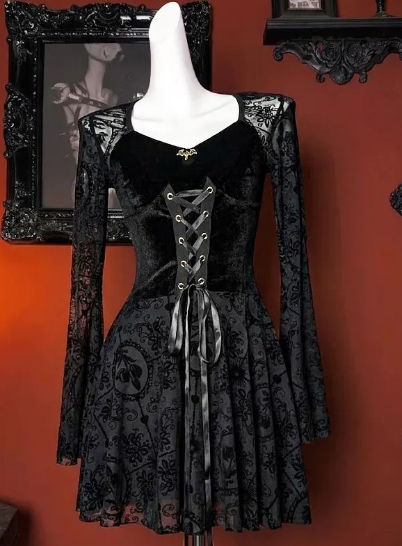Gothic Velvet Lace-Up Bell Sleeve Mini Dress