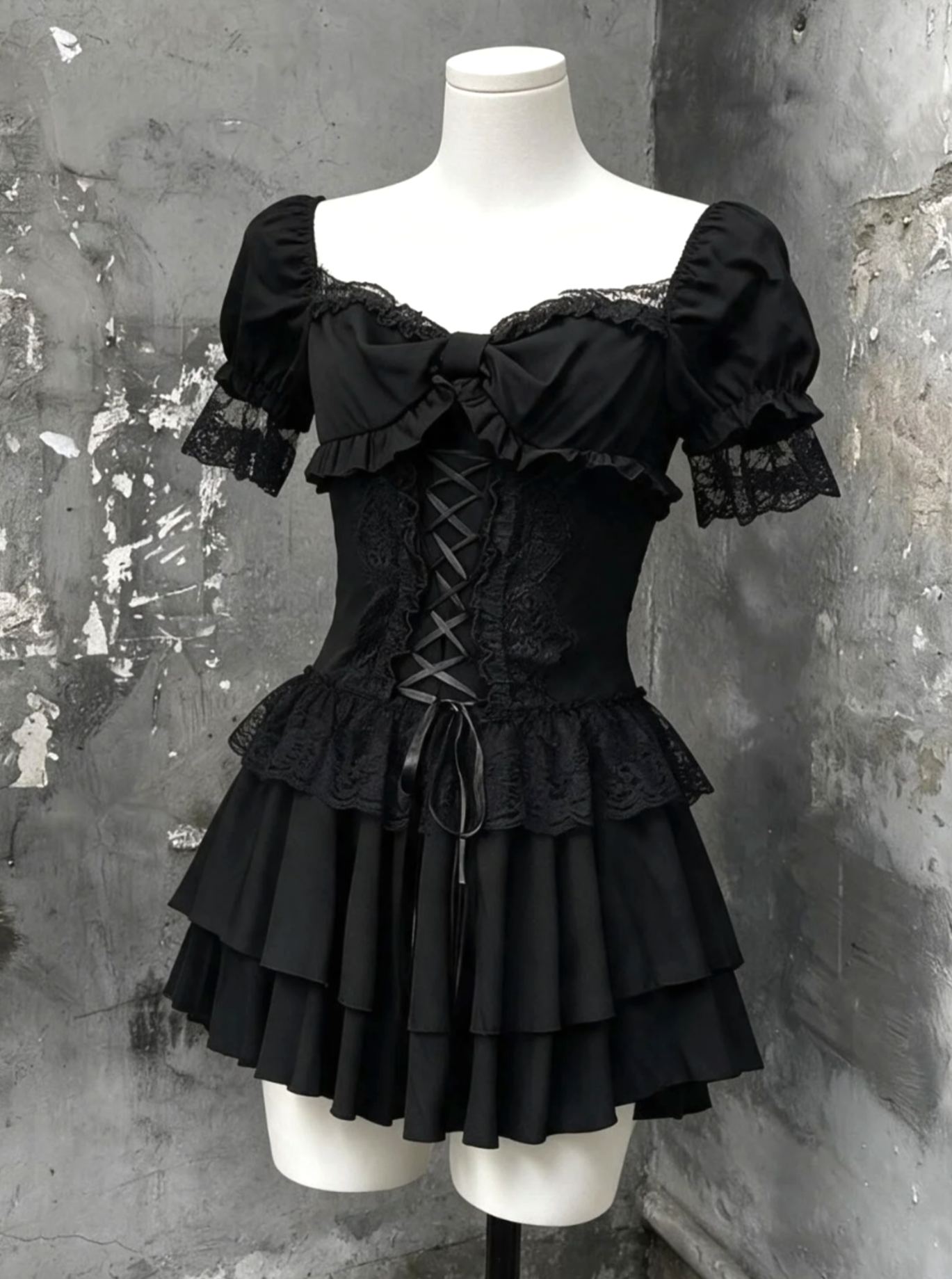 Dark Coquette Ruffled Lace-Up Tiered Dress